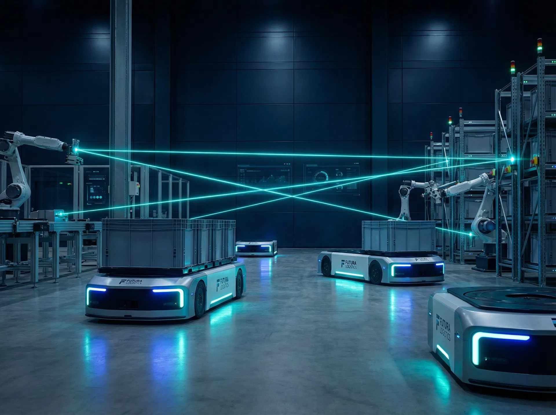 BIT autonomous guided vehicles transporting materials on a smart factory floor