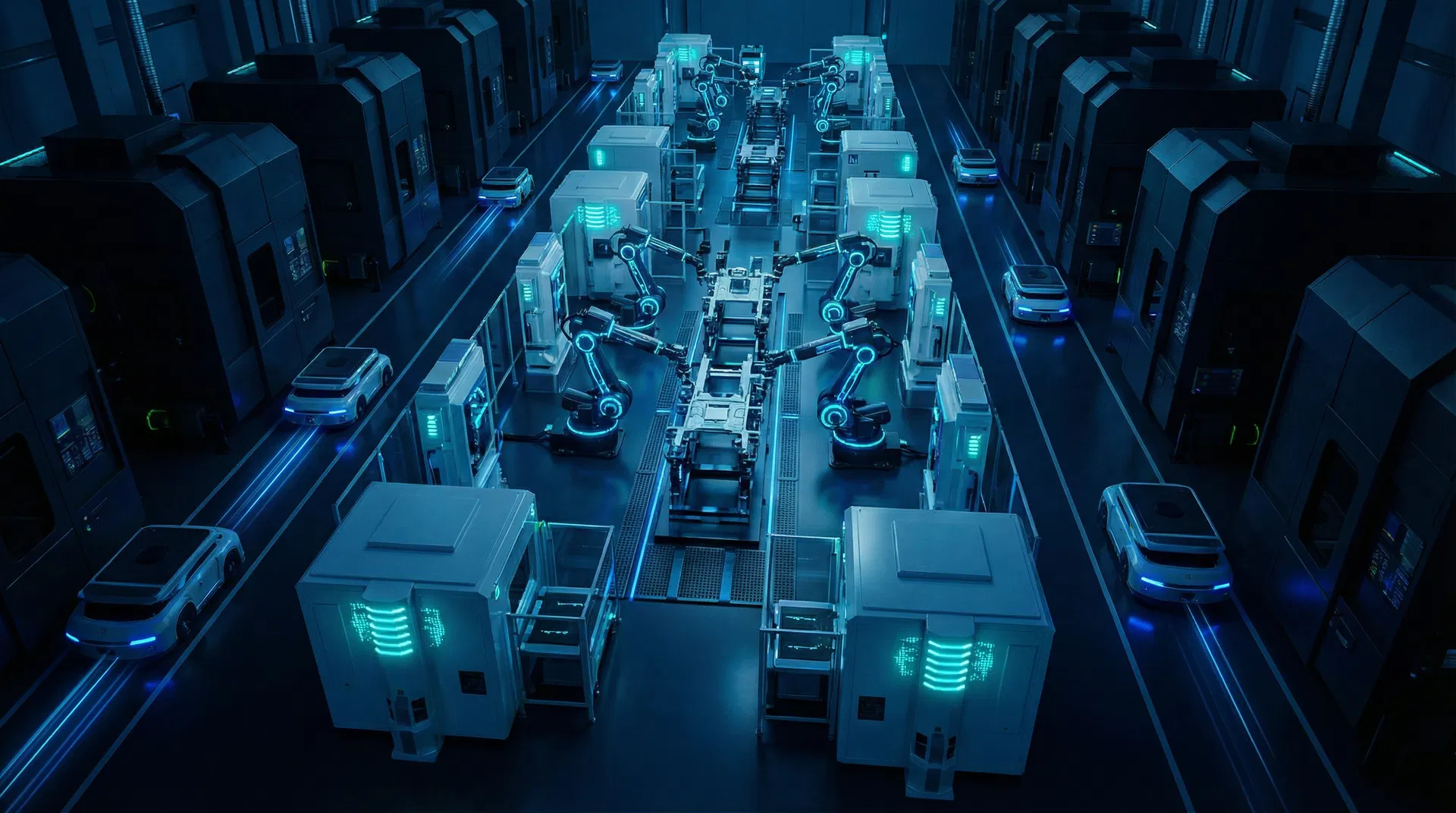 BIT autonomous industrial robots operating on a high-tech factory floor with precision manufacturing