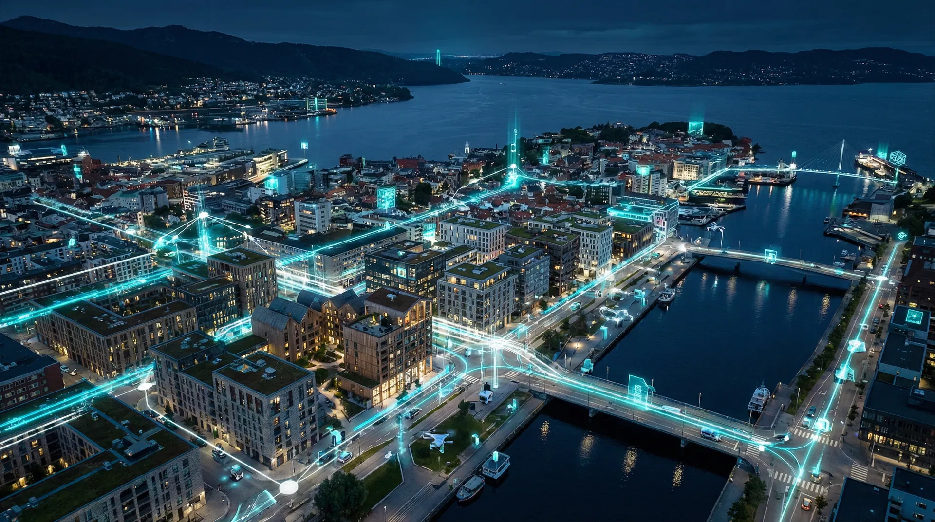 Aerial view of a smart city at night with AI-connected infrastructure and autonomous robot patrols