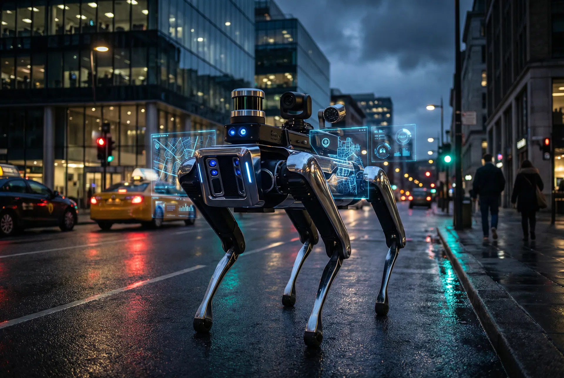BIT AI-powered surveillance robot patrolling smart city streets with real-time threat detection