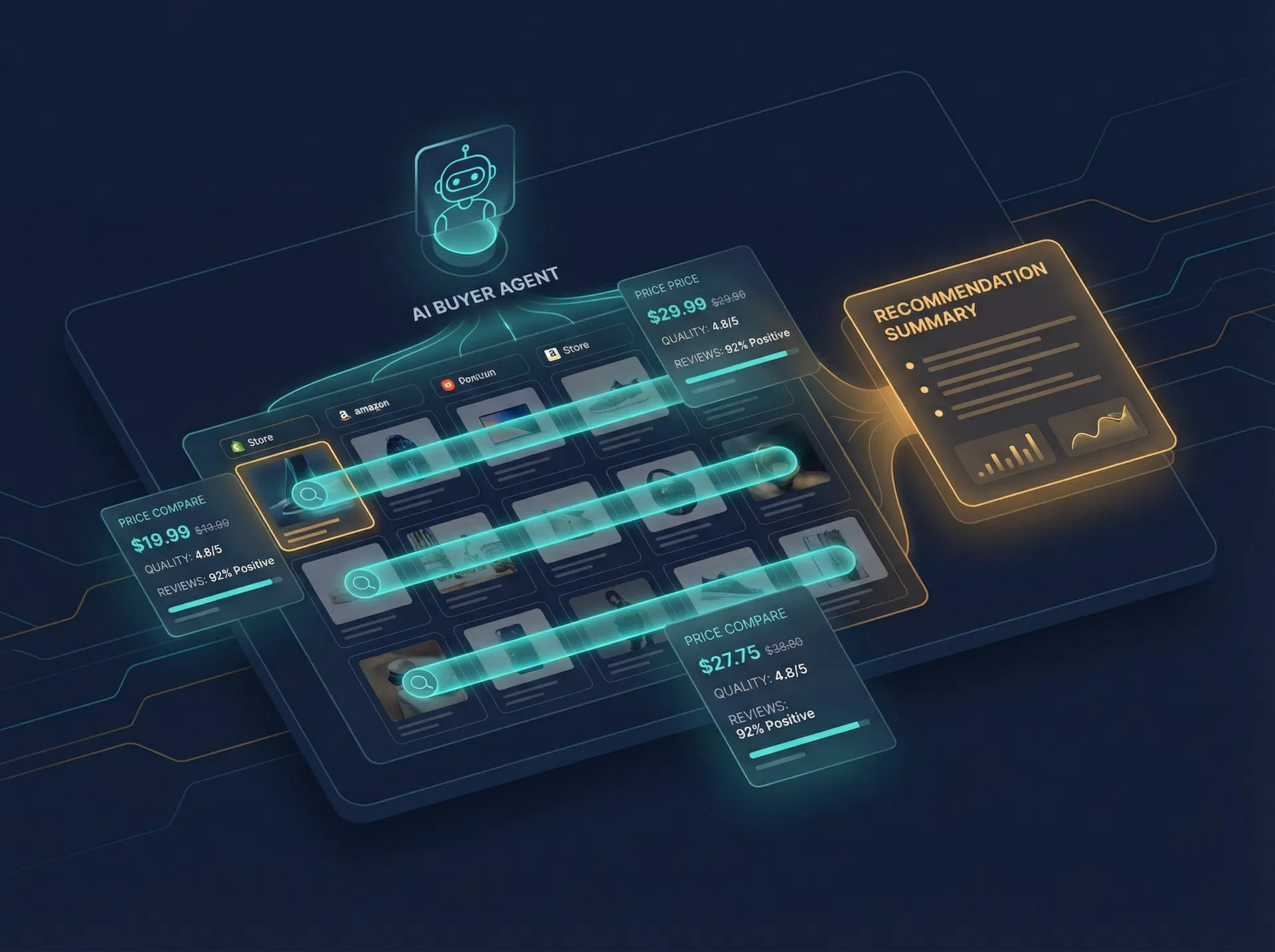 AI Buyer Agent scanning and comparing products across multiple sources