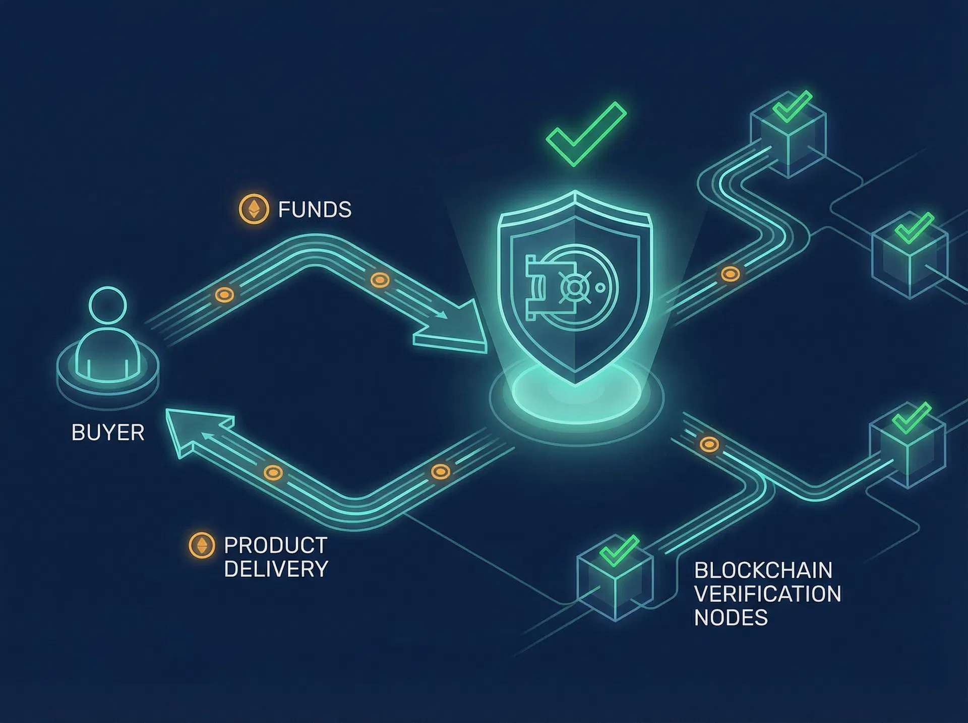 Secure escrow flow diagram showing funds held safely between buyer and seller with blockchain verification