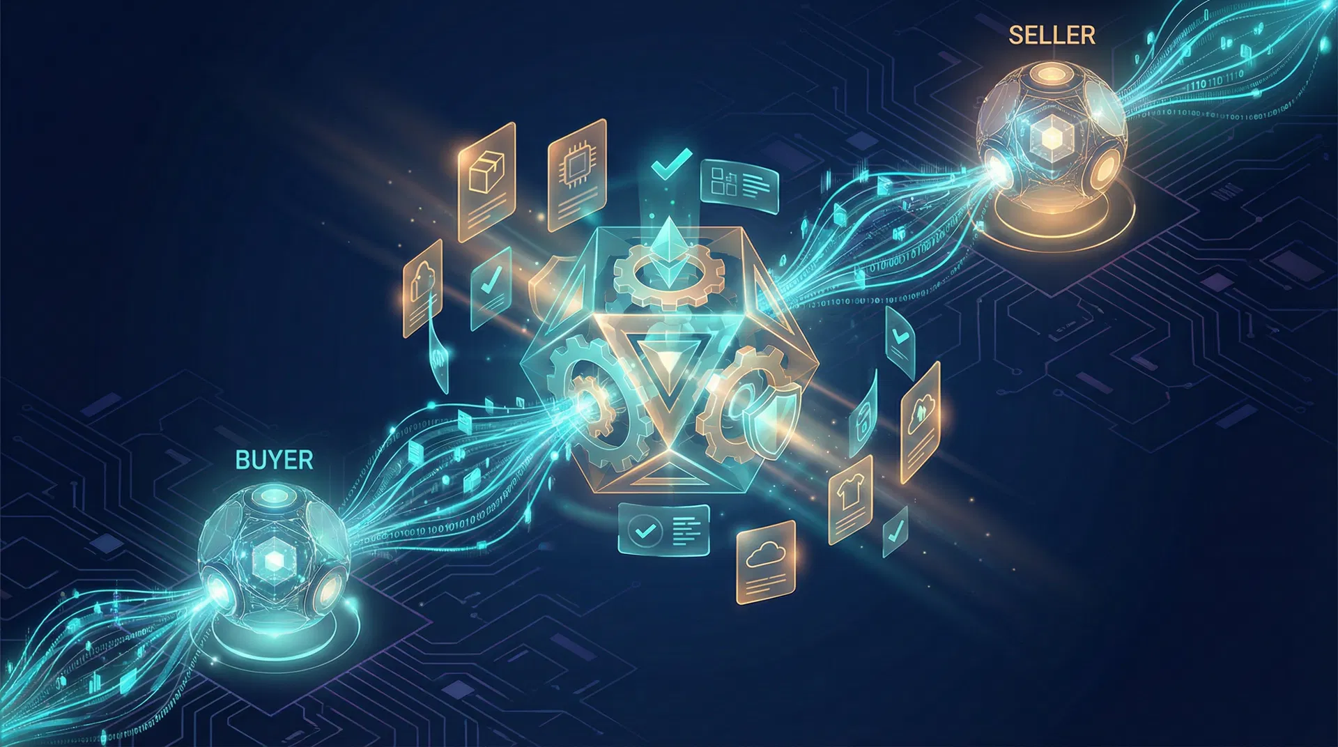 AgentTrade AI Commerce network visualization showing buyer and seller AI agents connected through a secure transaction hub