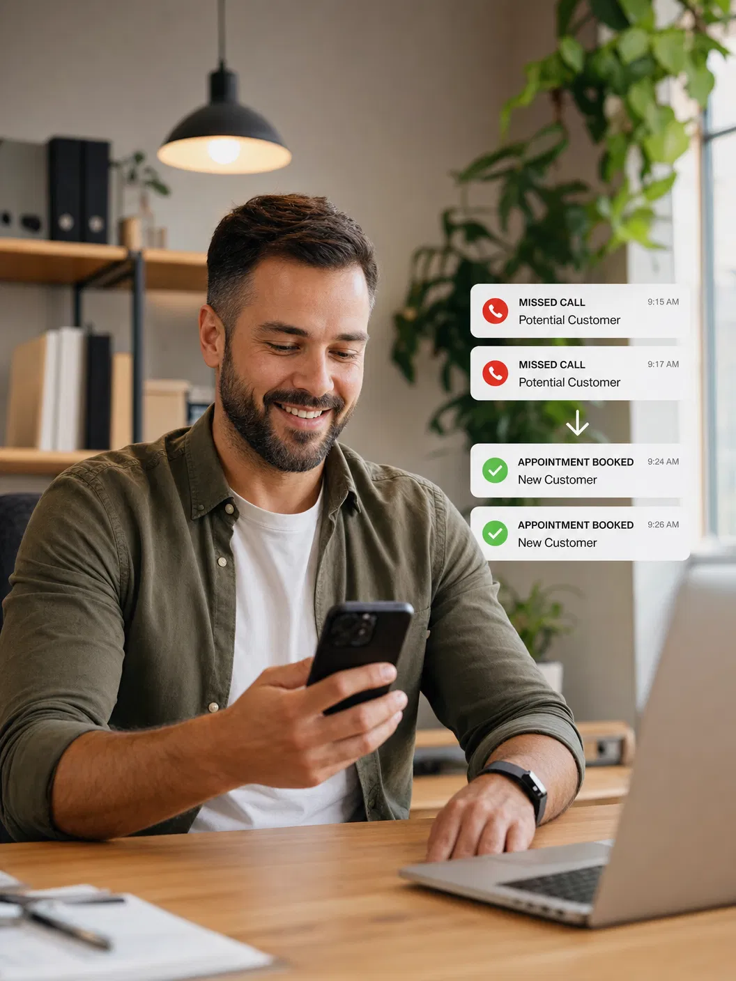 Business owner reviewing AI receptionist results