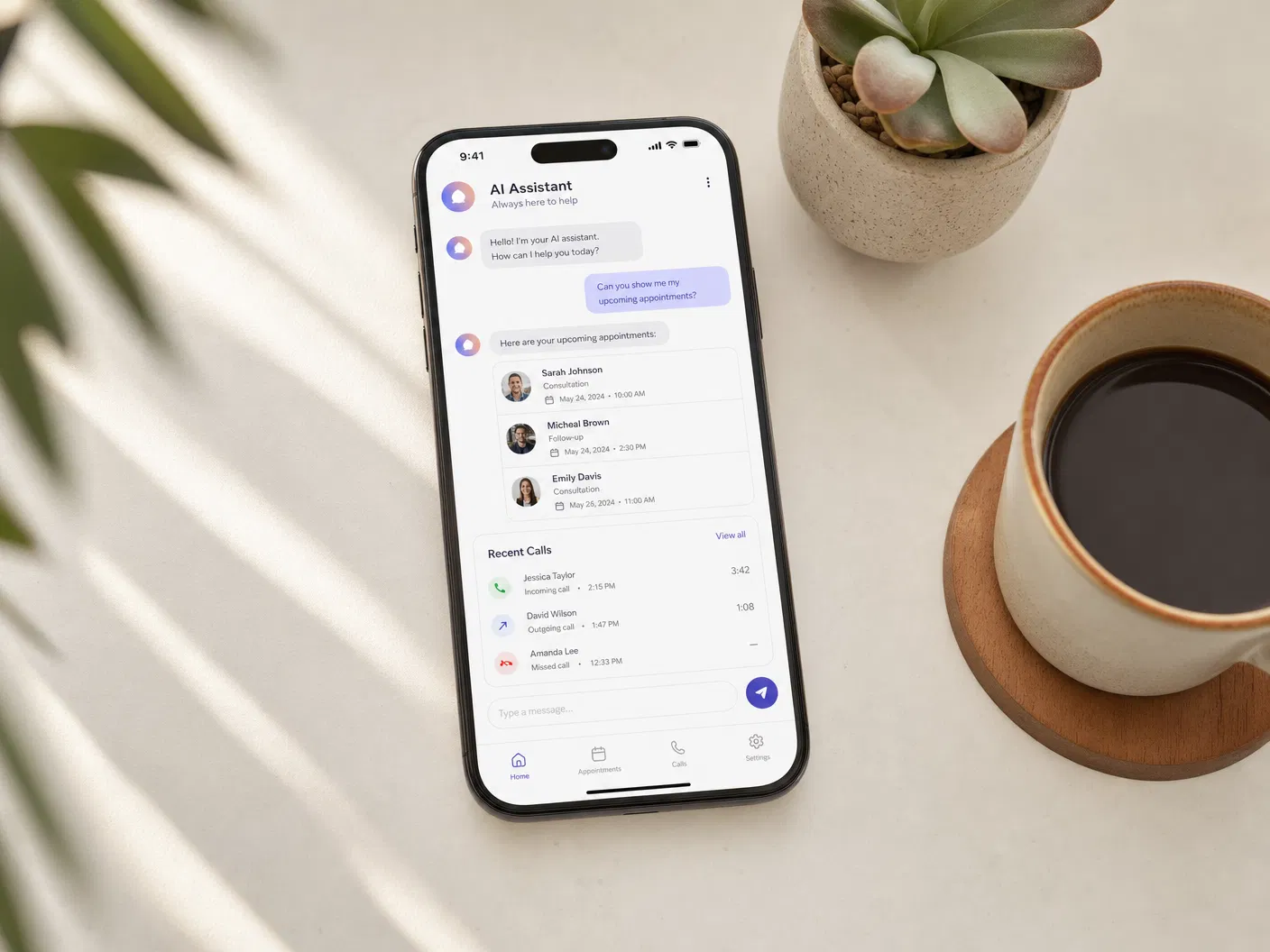 AI receptionist app interface on smartphone