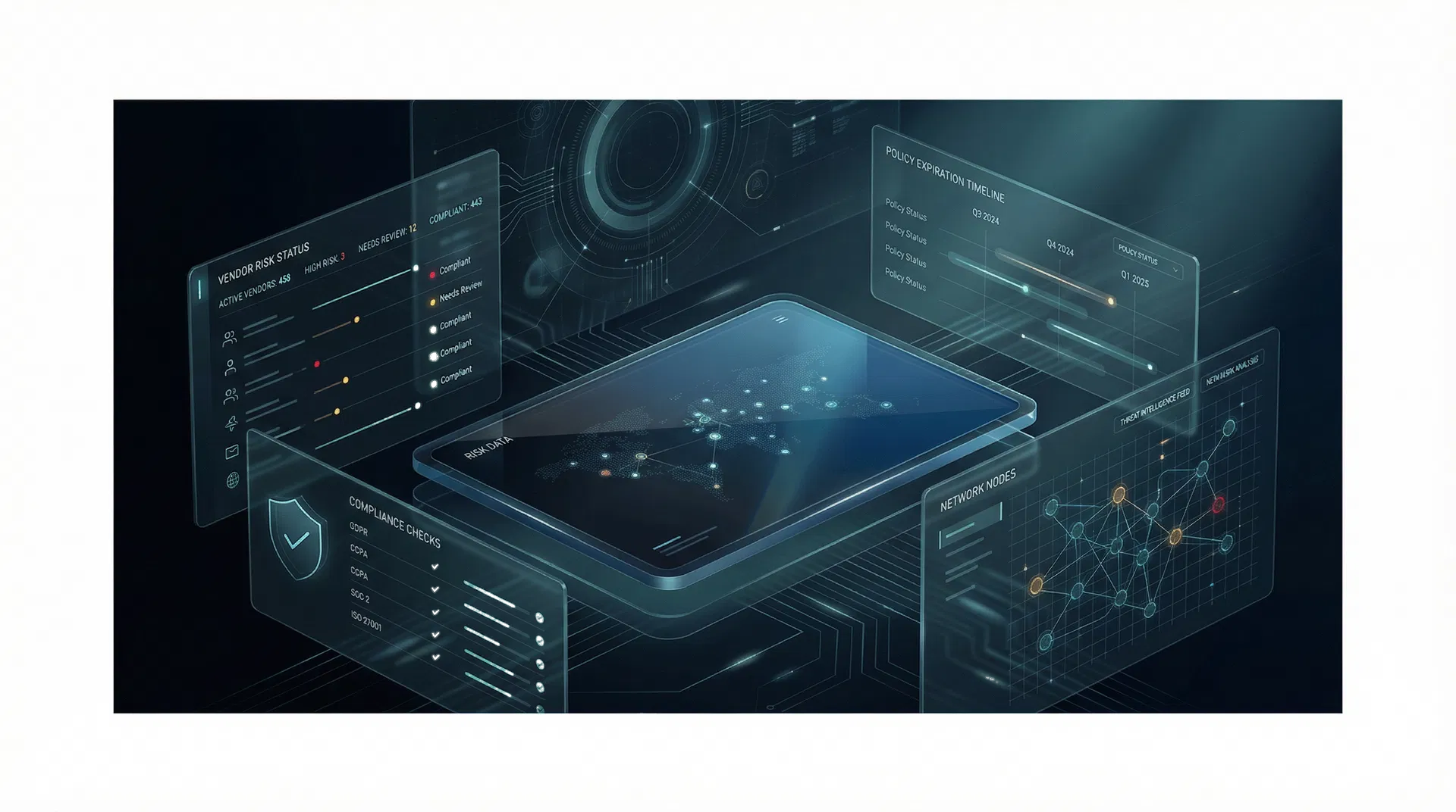 Abstract KARI intelligence console visualizing vendor risk monitoring and compliance oversight.