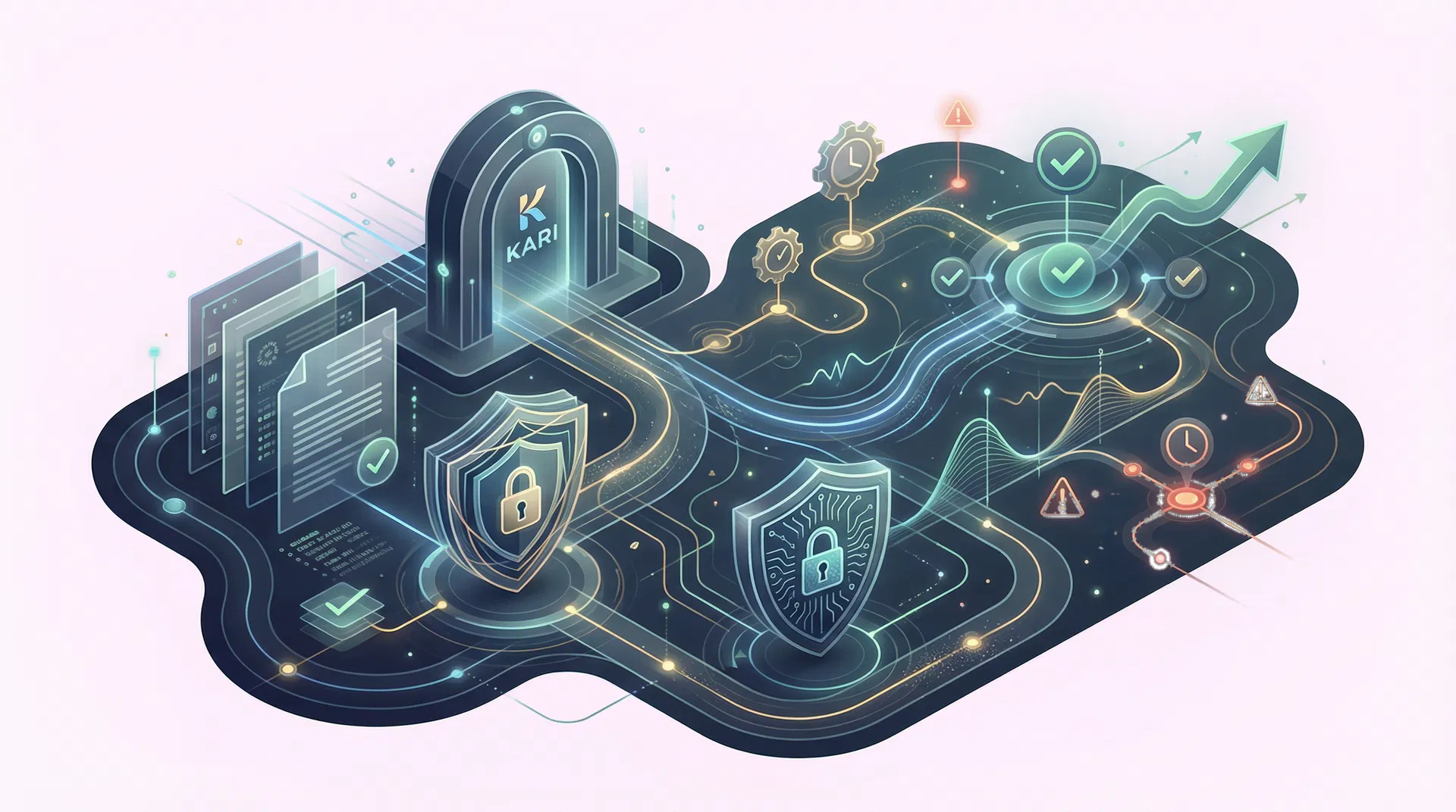 Abstract KARI process visual representing secure document intake, verification, and continuous vendor monitoring.