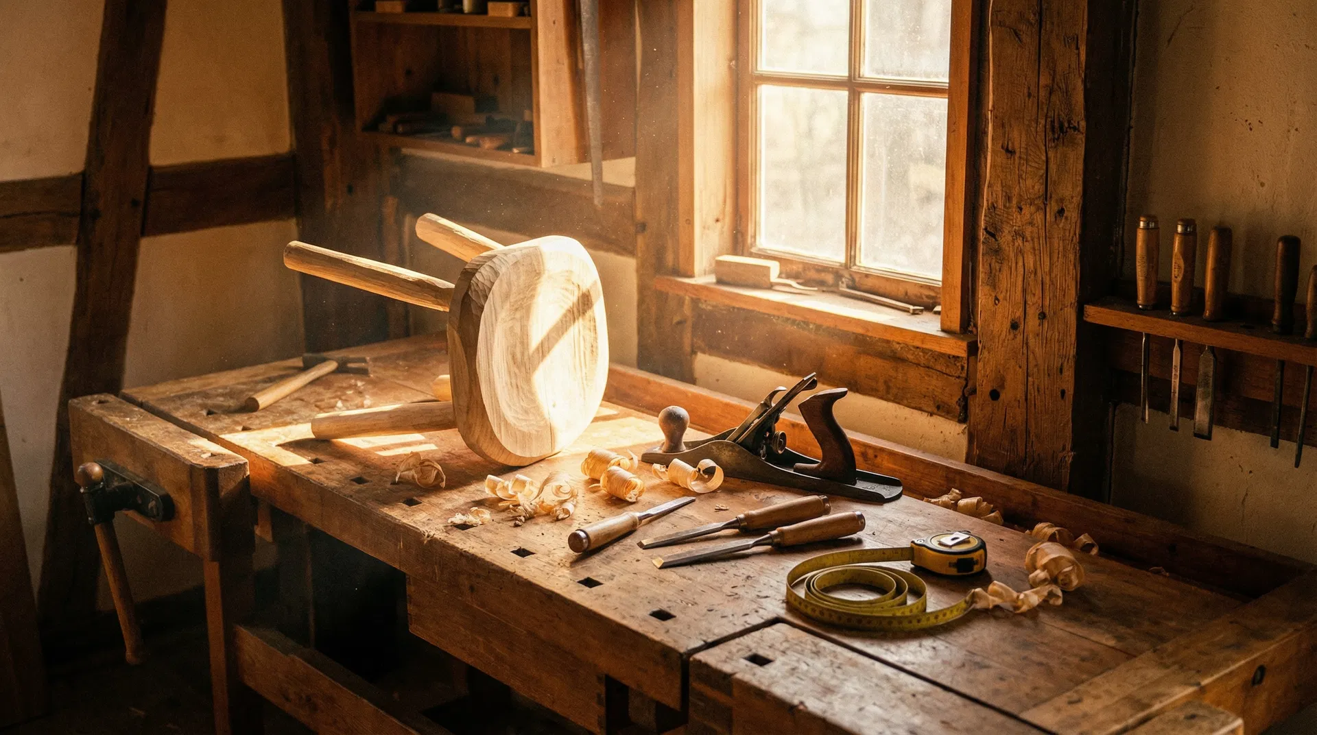 Woodworking workshop with hand tools and wood shavings