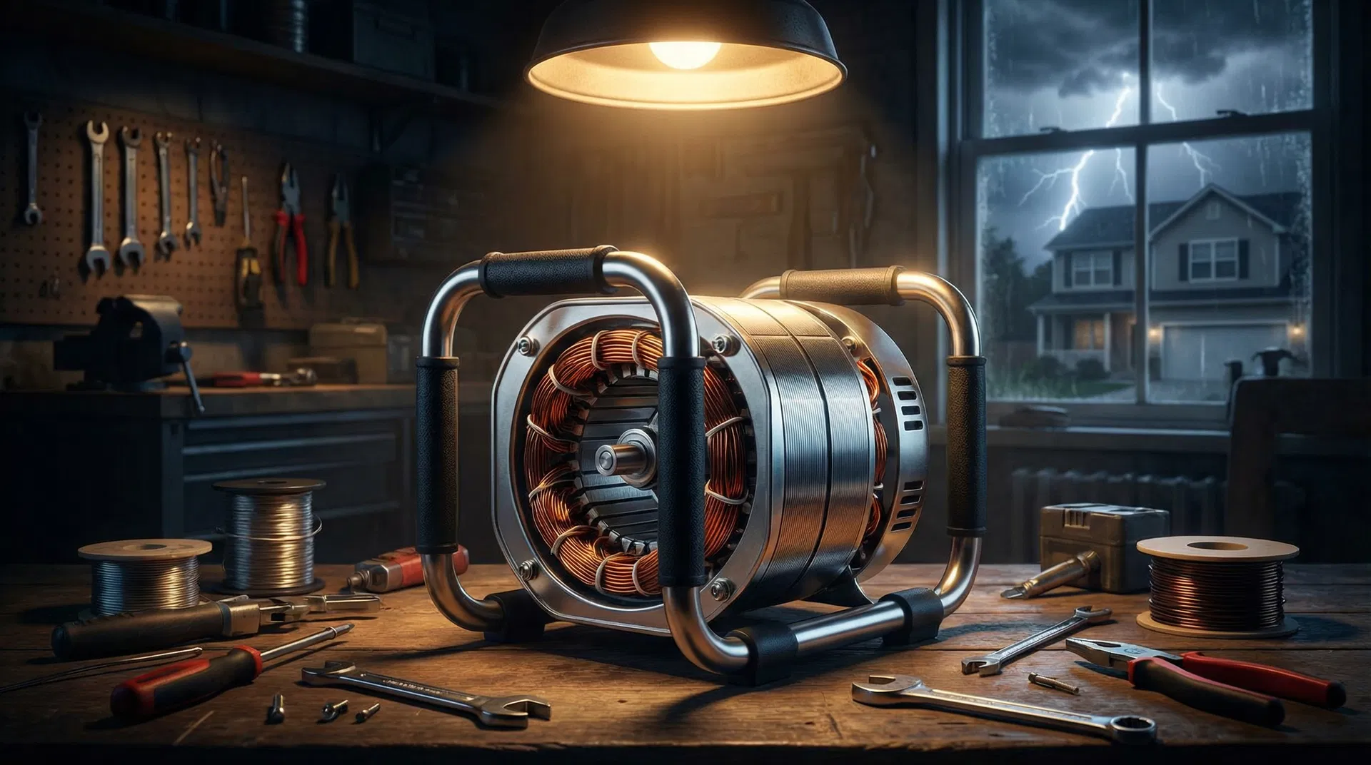 Compact emergency power generator on a workshop bench