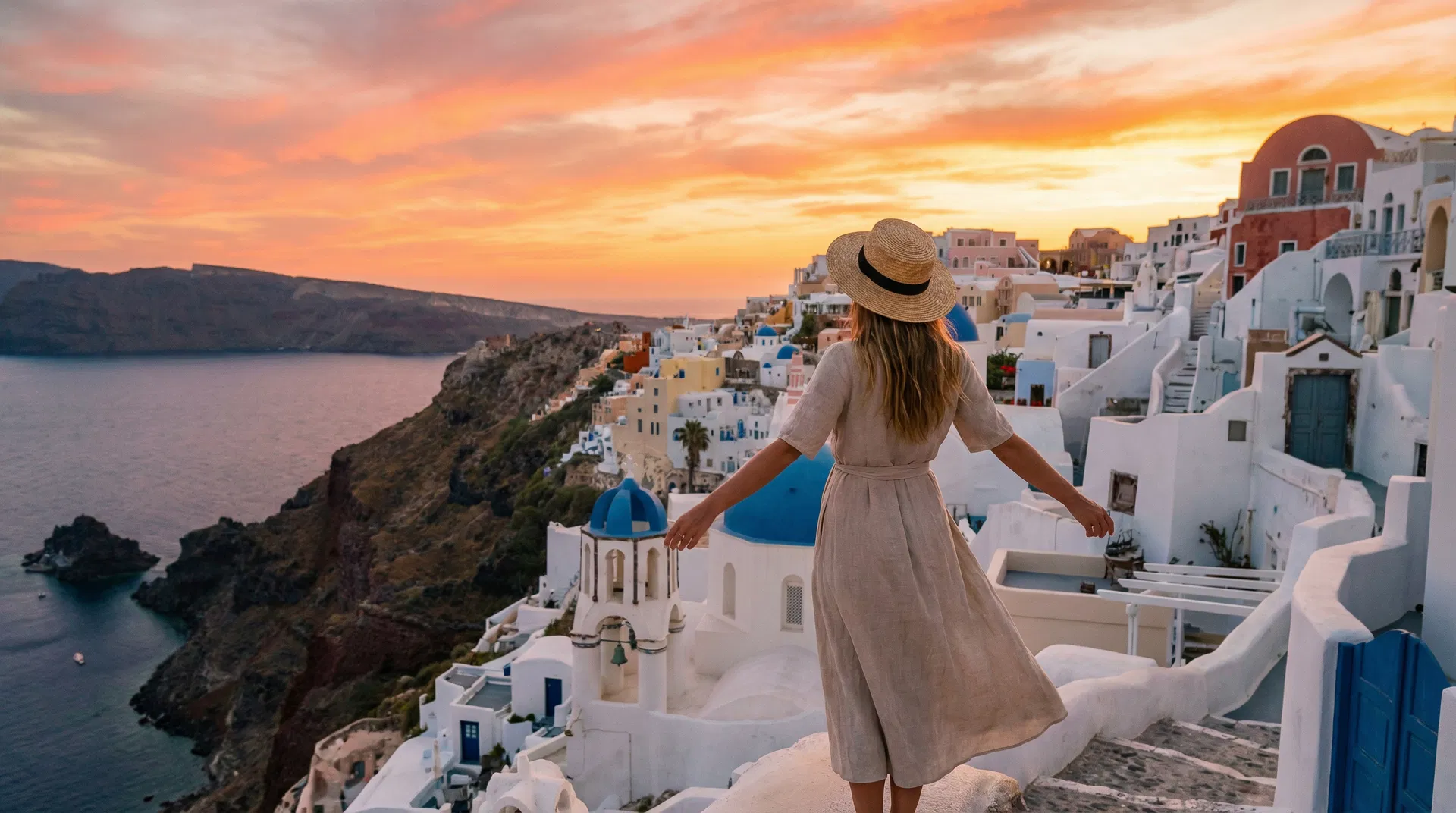 Traveler overlooking Santorini at sunset