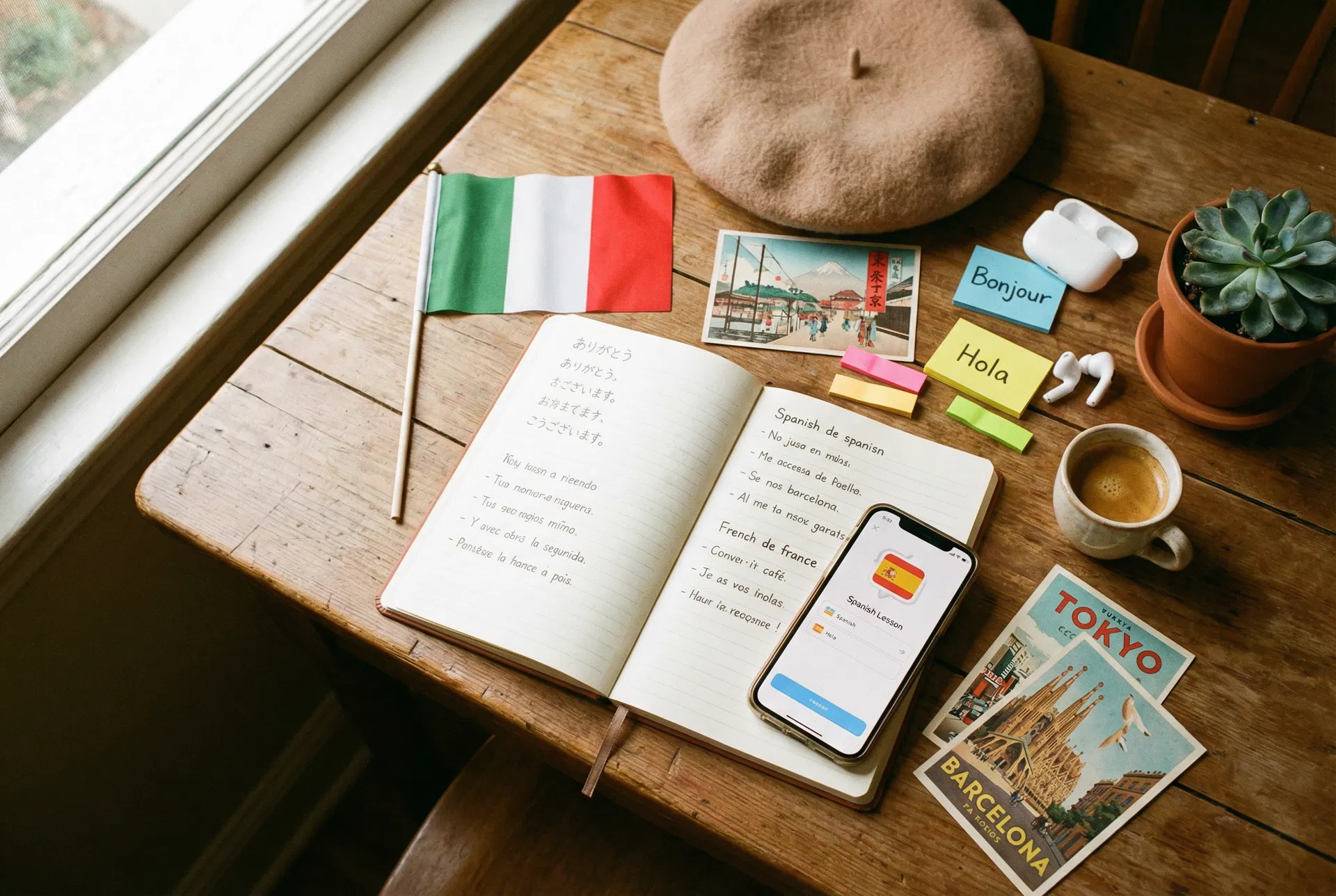 Language learning desk with notebook and phone