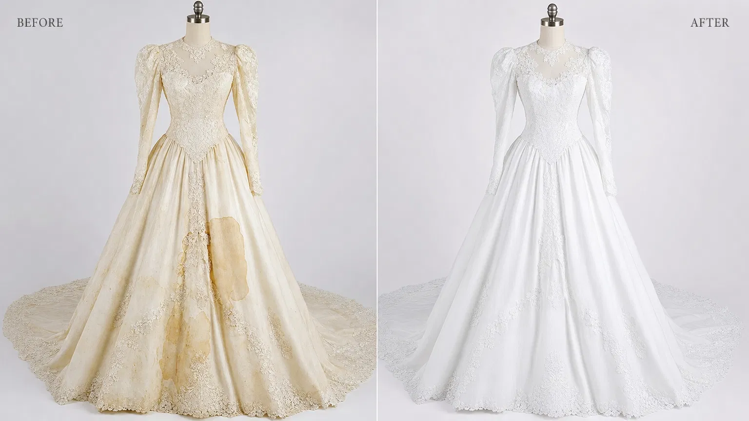 Before and after wedding dress restoration
