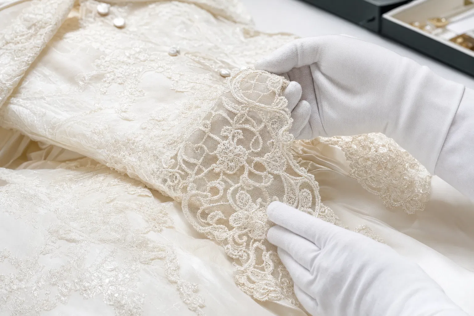 Specialist hands caring for a wedding dress