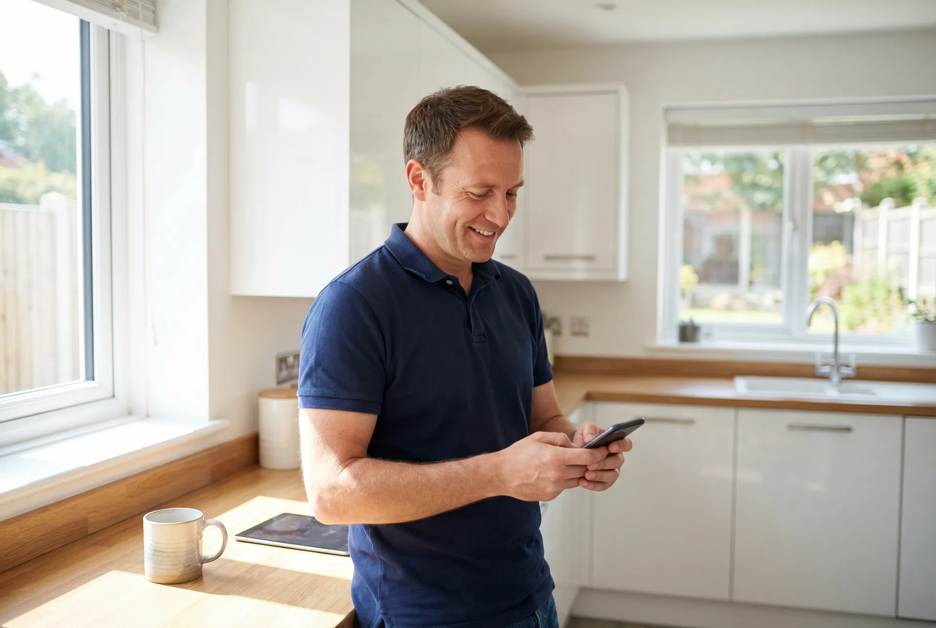 UK handyman using GoFix quoting app on phone at job site