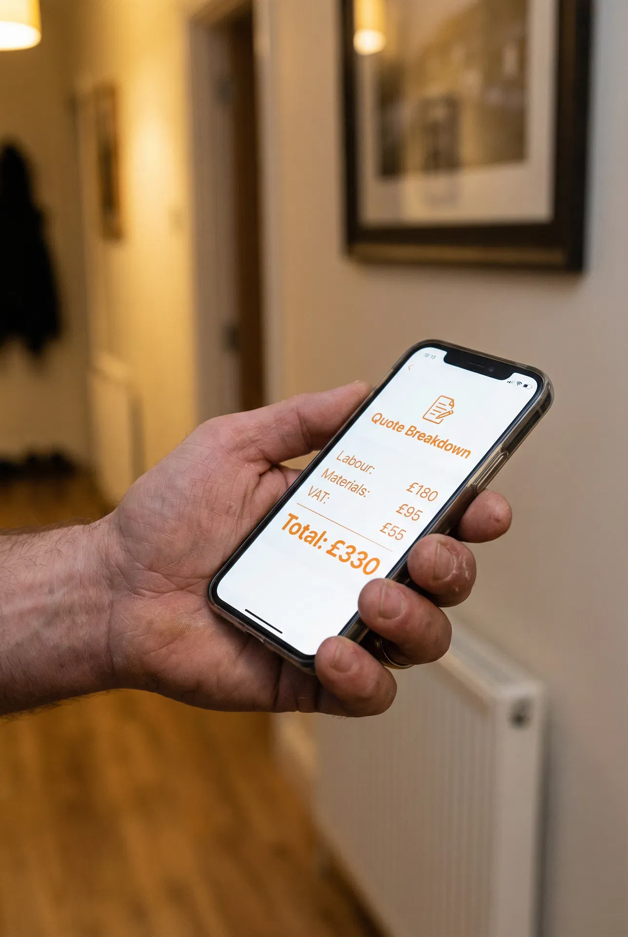 GoFix quoting app showing a £340 handyman quote on a phone screen