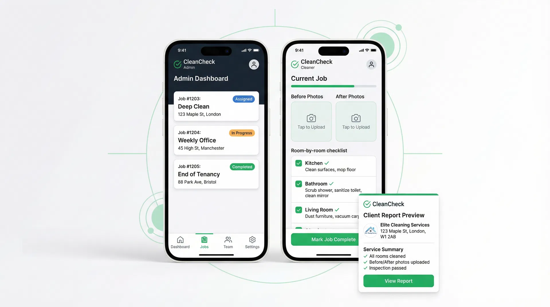 CleanCheck app showing admin dashboard and job workflow