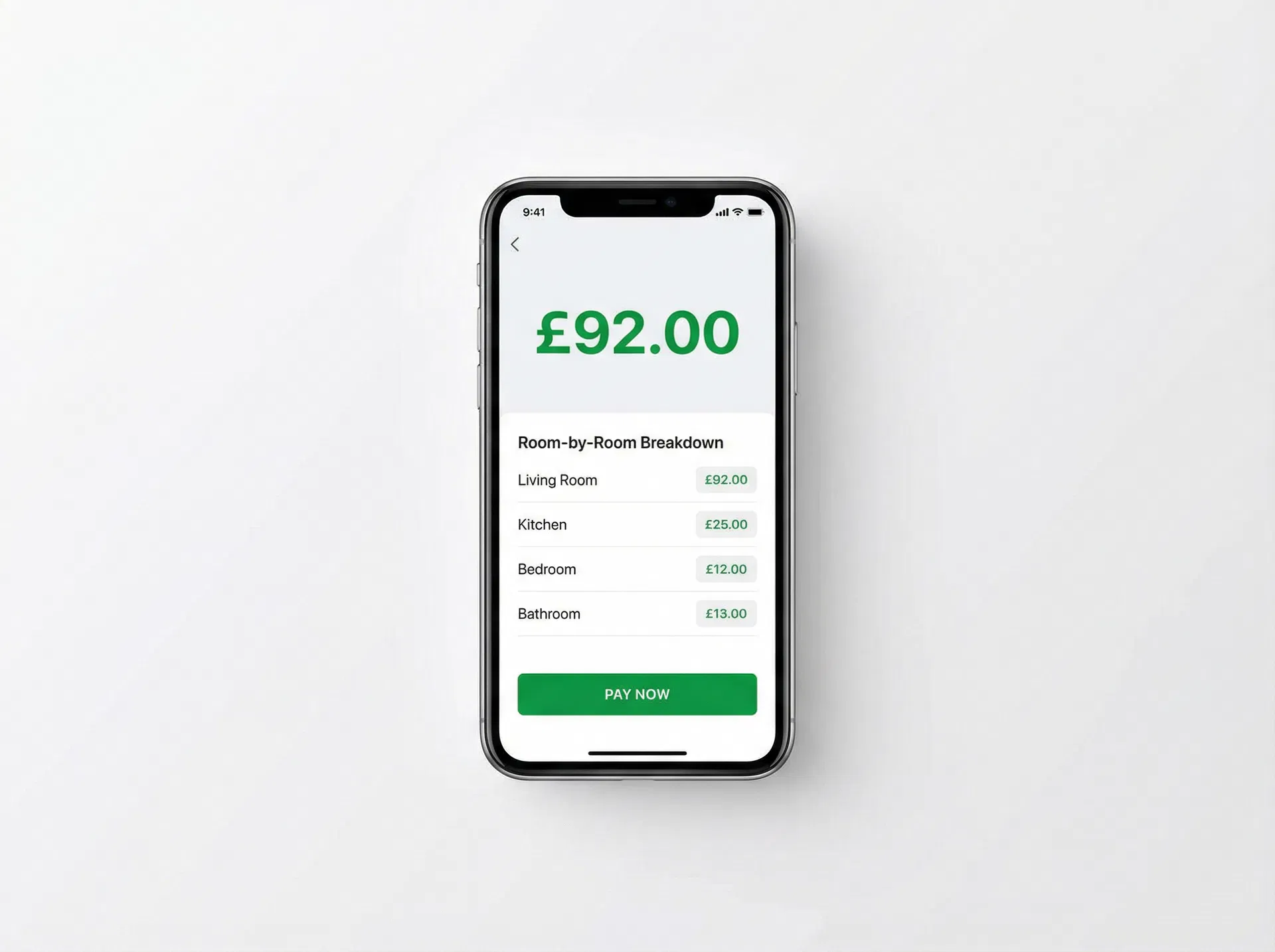 GoClean cleaning pricing app showing a £92.00 professional cleaning quote with room breakdown and VAT