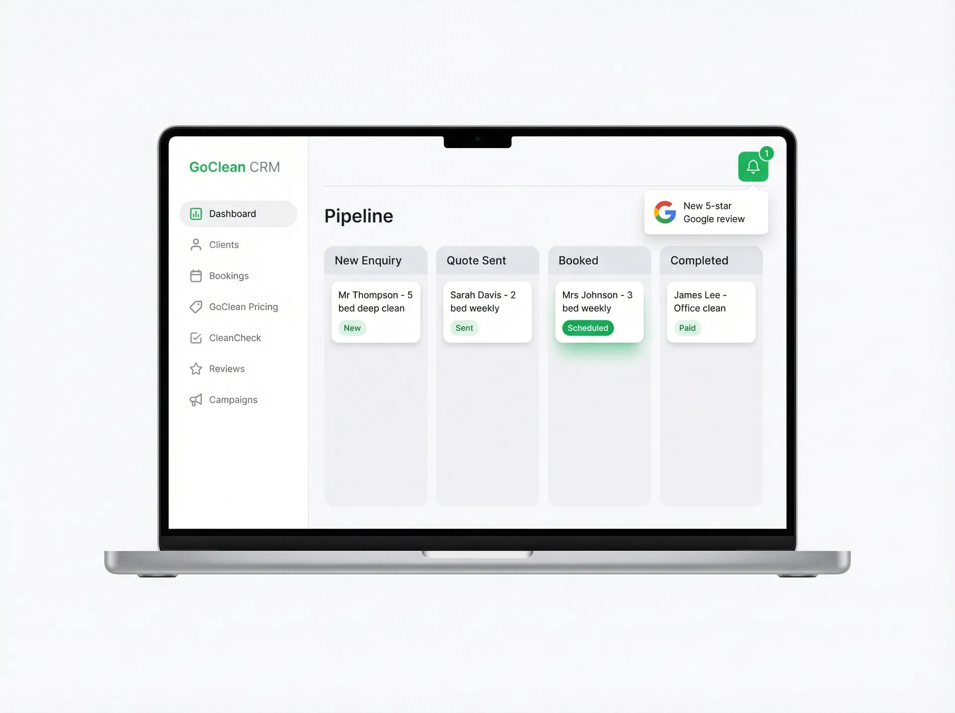GoClean CRM dashboard showing client pipeline with GoClean Pricing and CleanCheck in sidebar