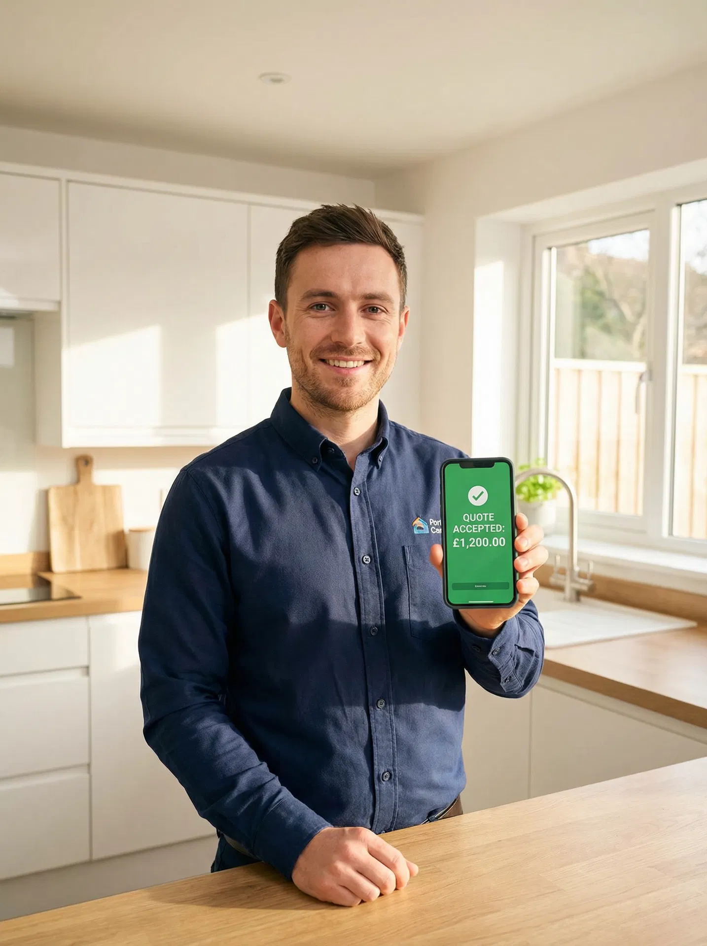 UK handyman using GoFix quoting app on phone at job site