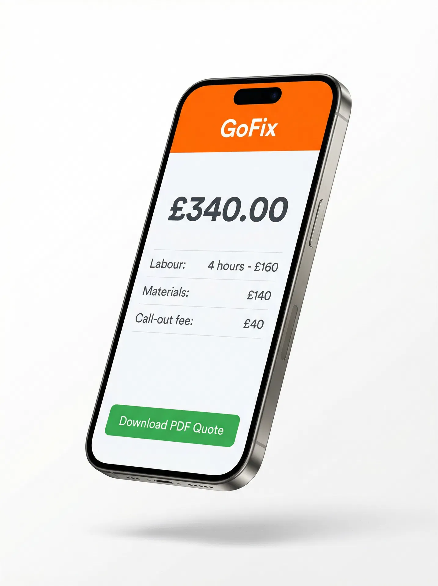 GoFix quoting app showing a £340 handyman quote on a phone screen