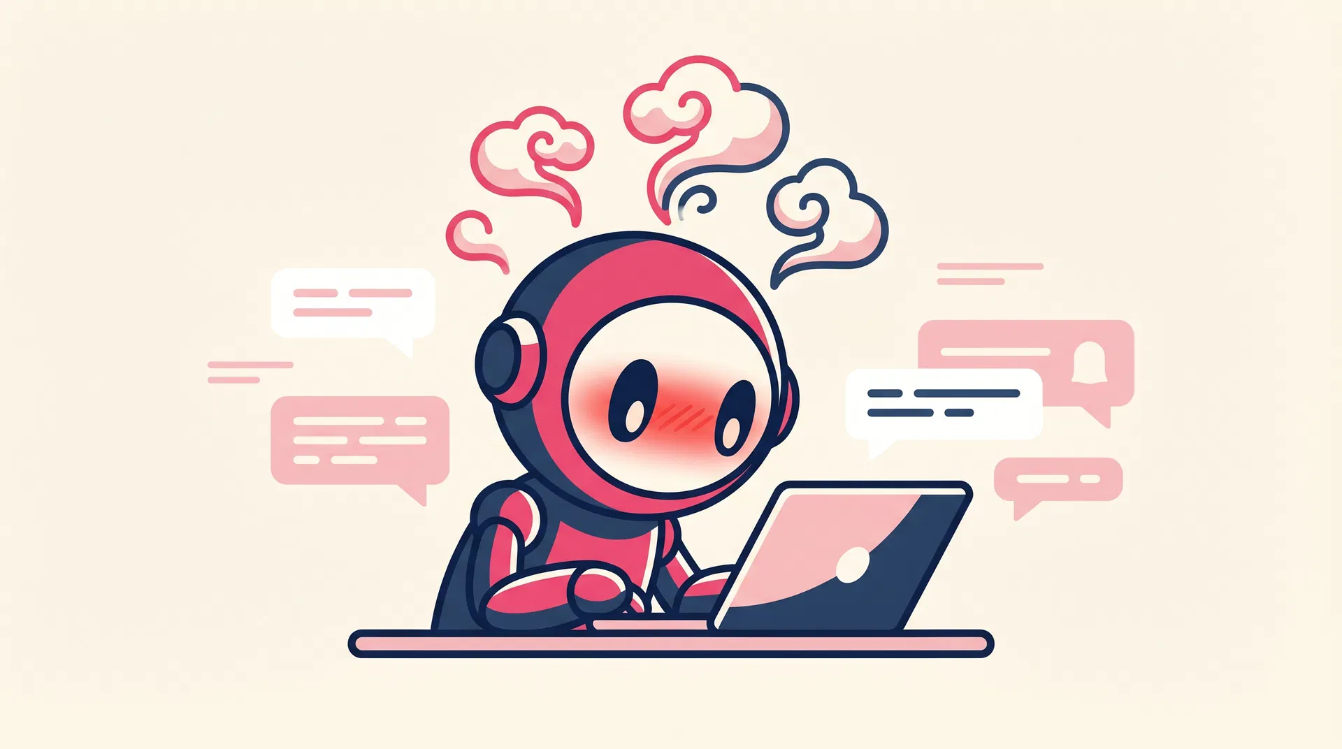 Embarrassed robot at a laptop