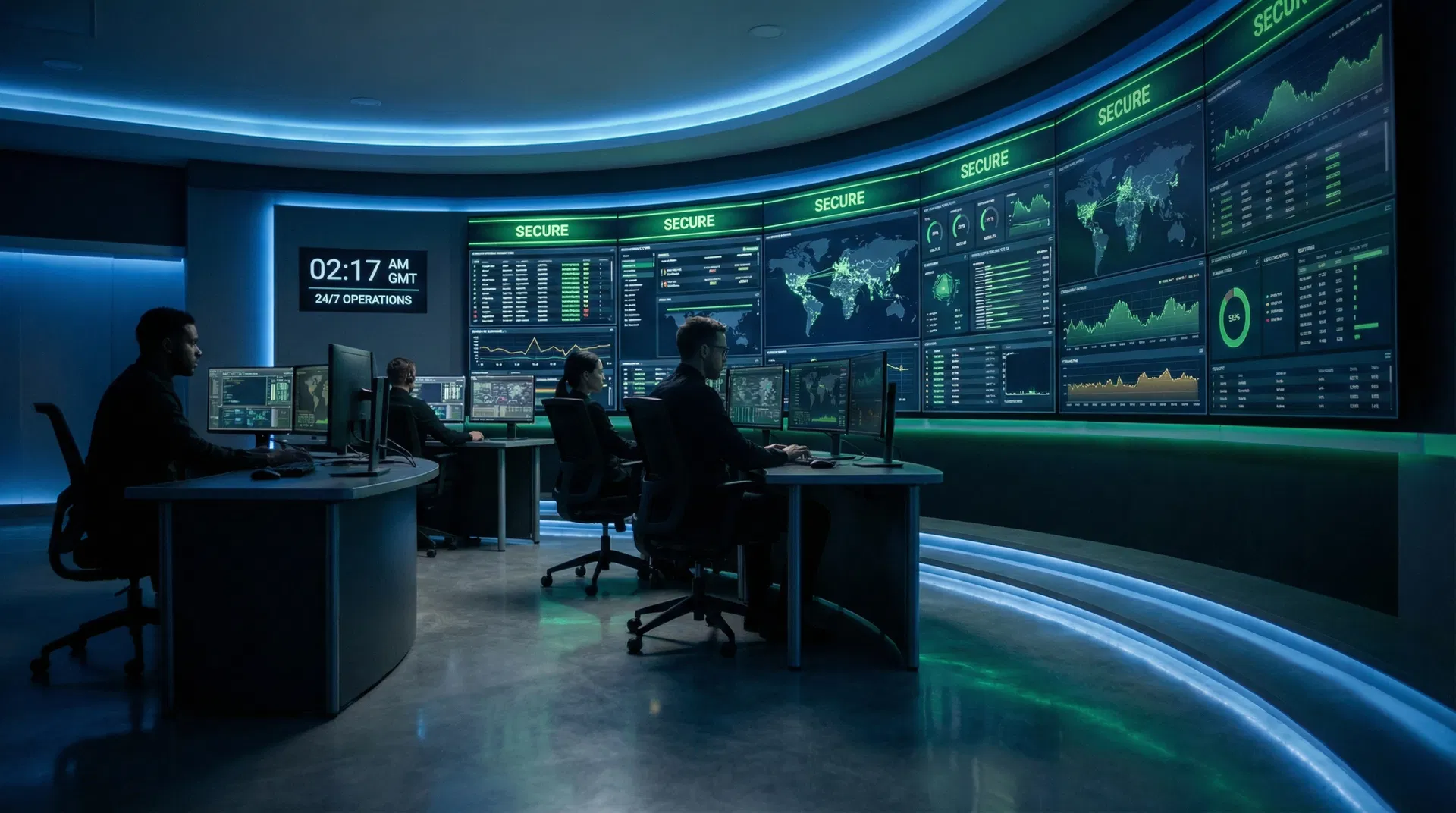 Security operations center with monitoring dashboards