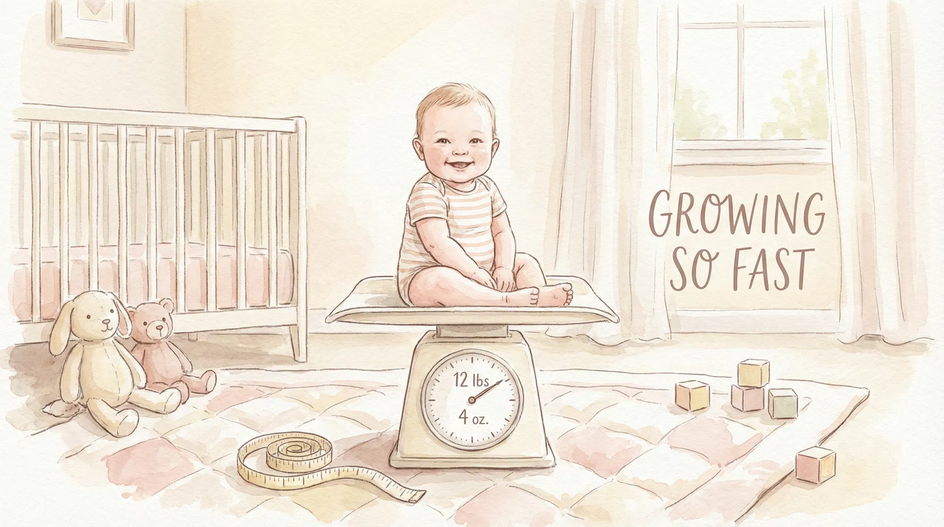 Happy baby sitting on a baby scale in a nursery room