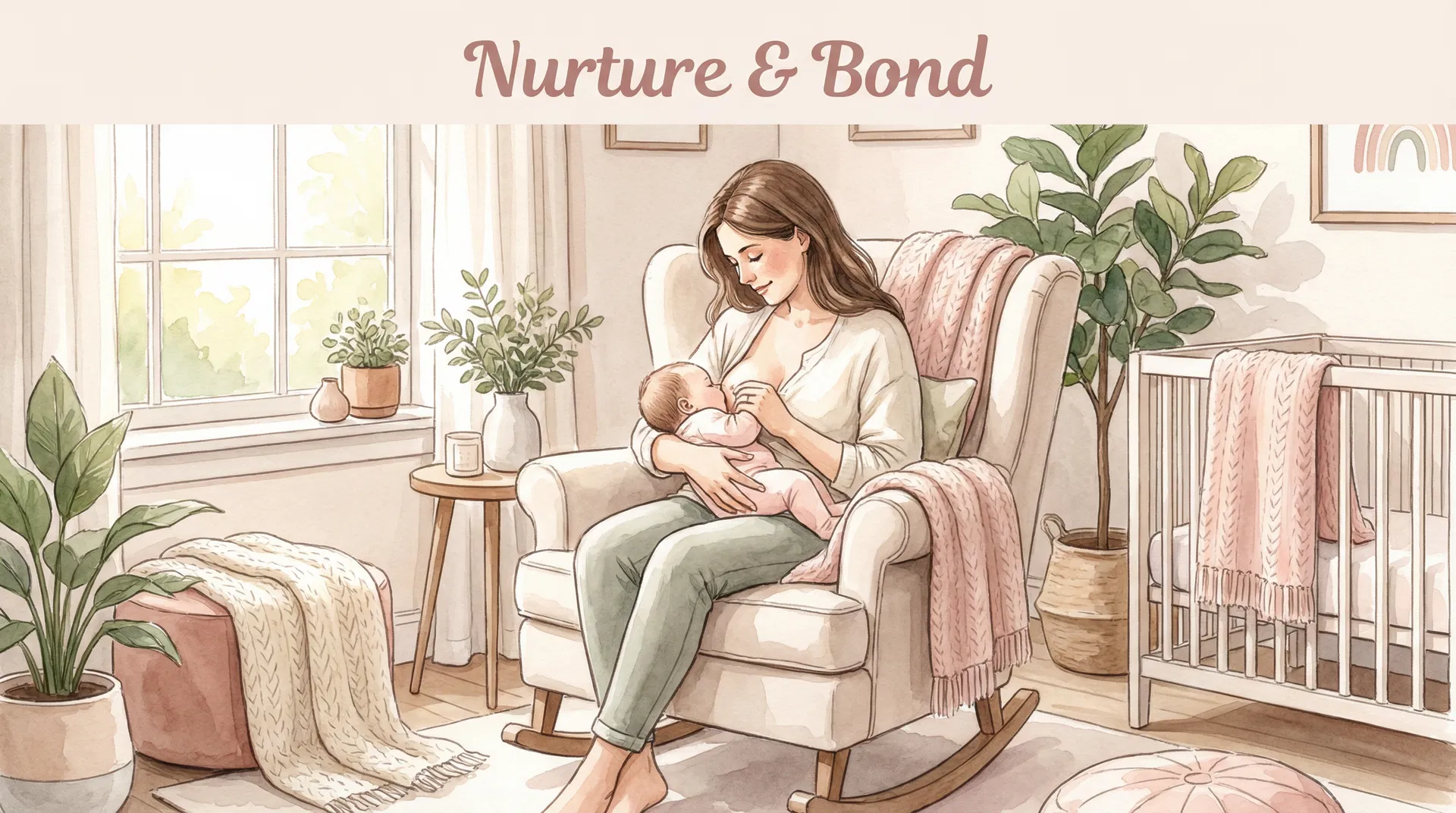Mother breastfeeding her baby in a rocking chair in a cozy nursery setting