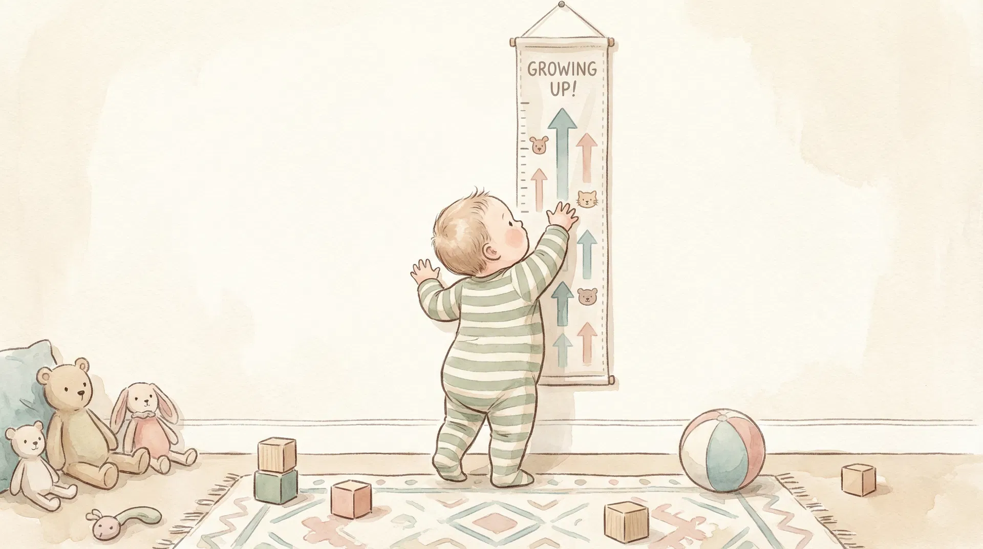 Baby reaching up with stretched arms next to a growth chart on the wall