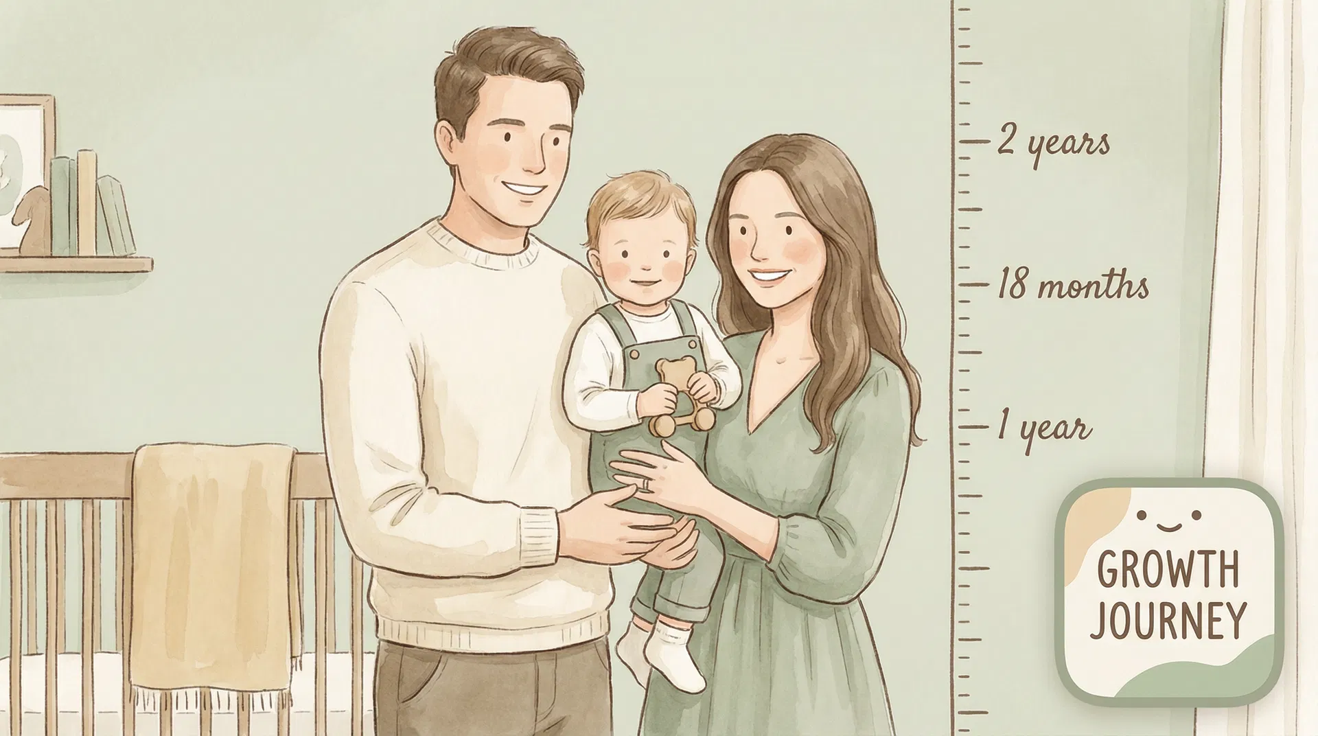 Happy family with father, mother and toddler next to a height measurement ruler