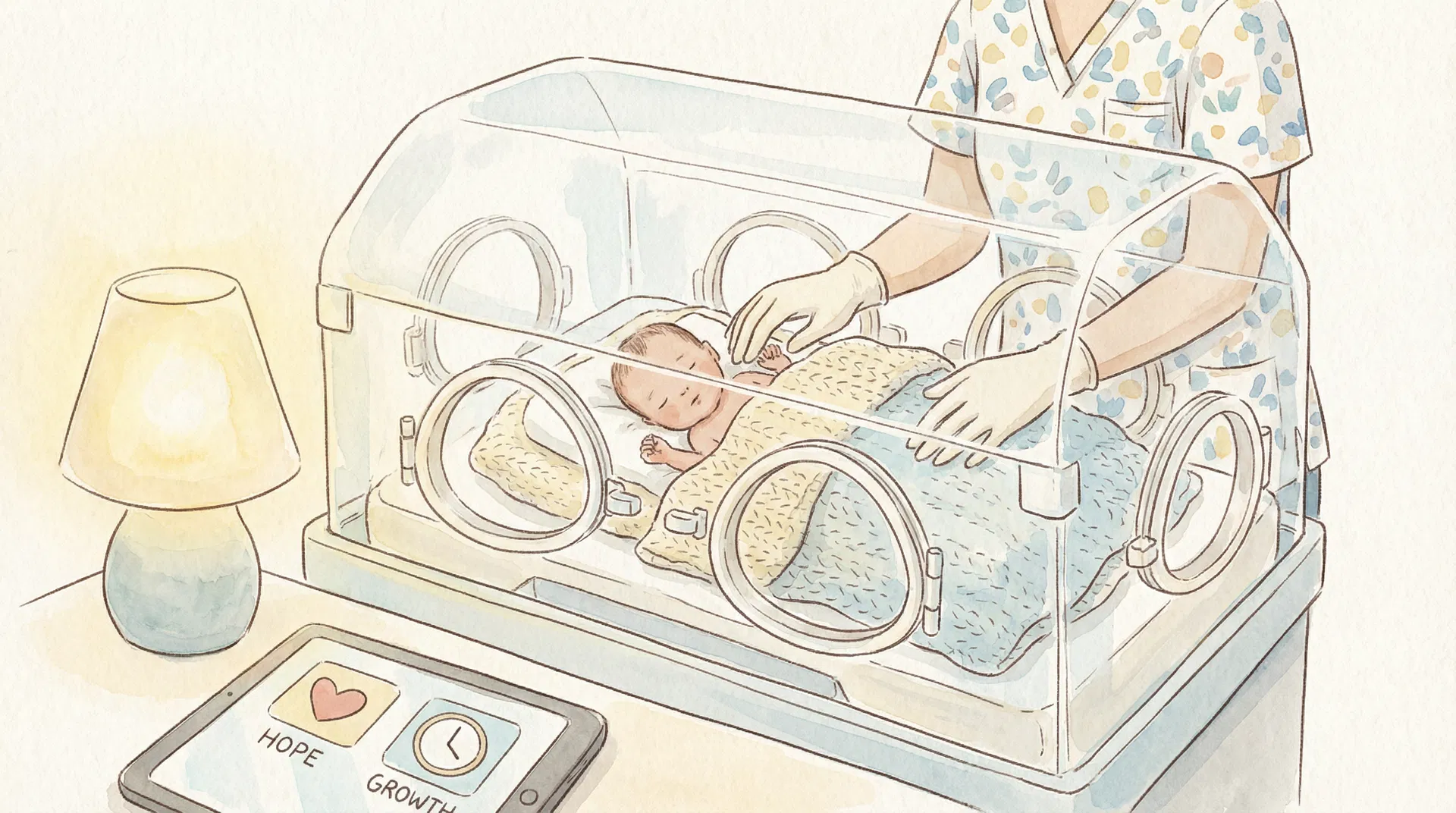 Premature baby in incubator with nurse caring for them in a warm environment