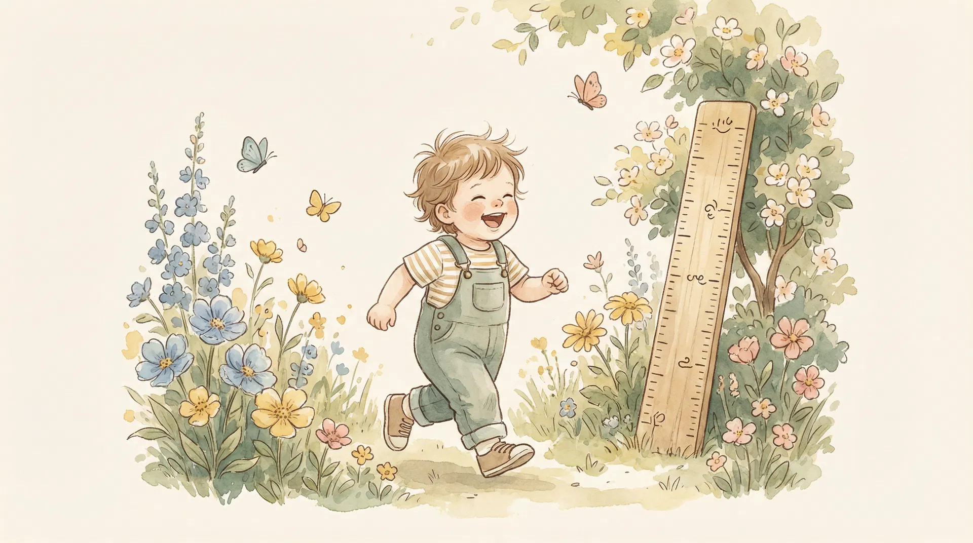 Happy toddler running in a sunny garden next to a height measurement stick