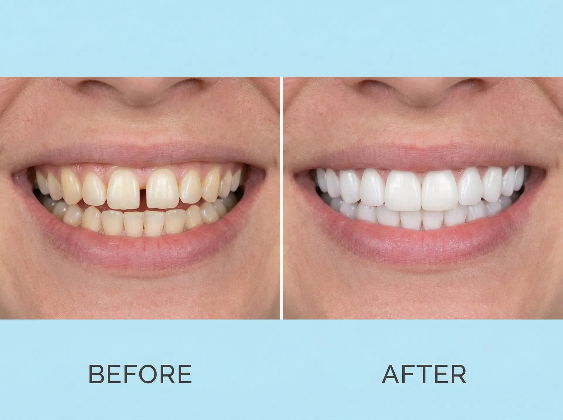Before and after cosmetic dentistry results showing smile transformation at Oakridge Park Dental Vancouver BC — veneers, whitening, bonding