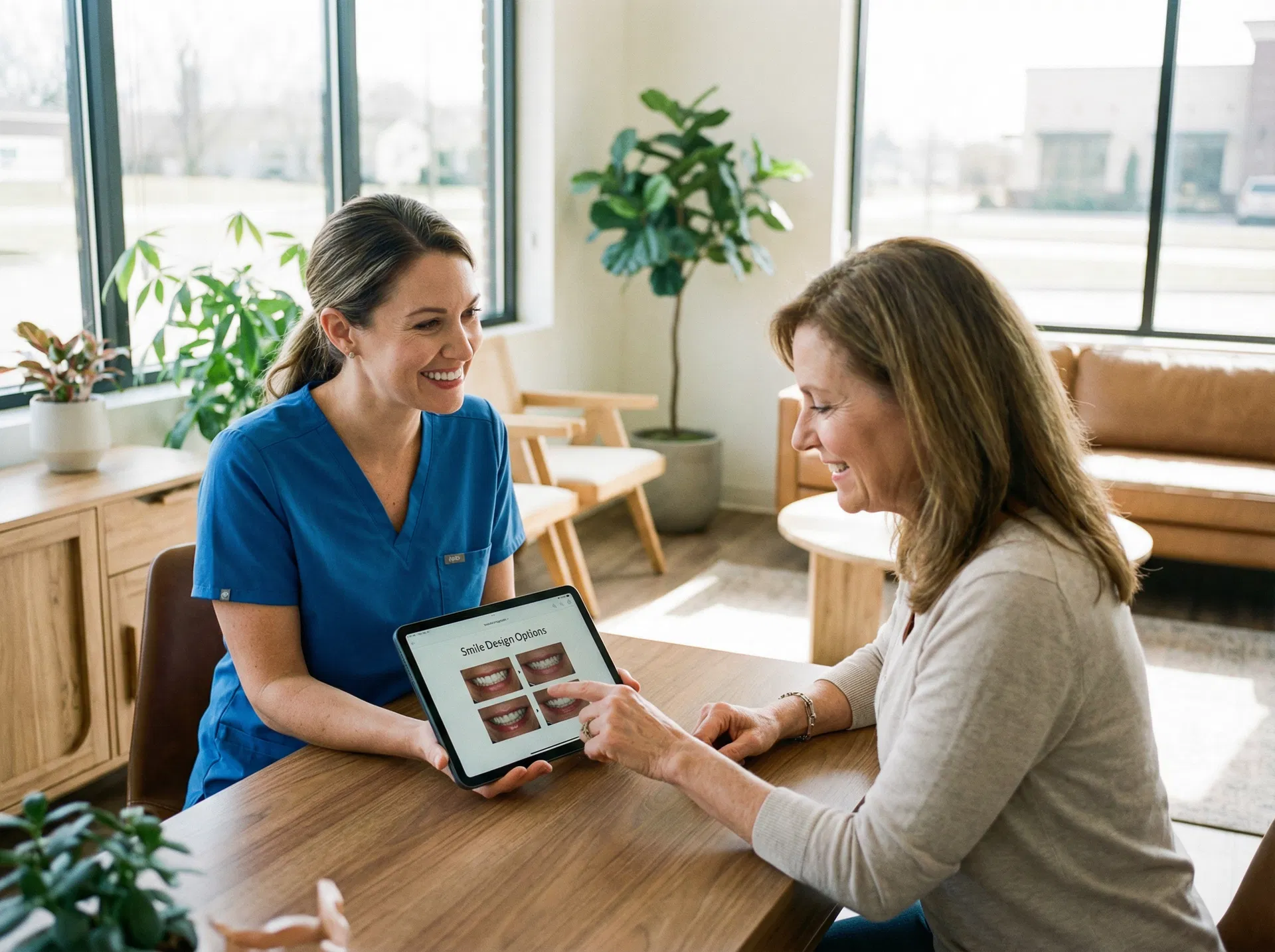 Cosmetic dentistry consultation with dentist showing treatment options on tablet at Oakridge Park Dental Vancouver BC