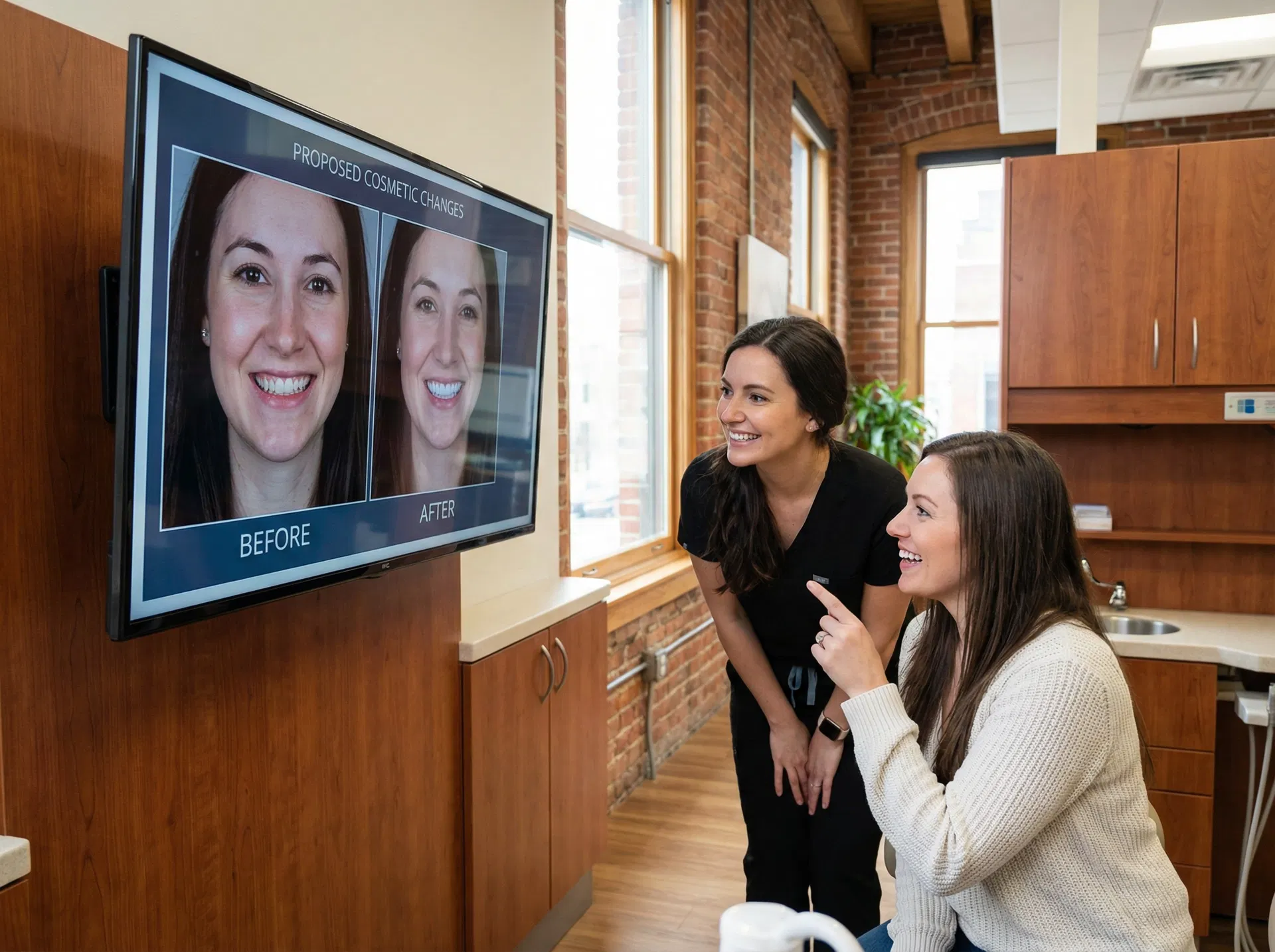 Dentist and patient viewing digital smile design simulation on monitor at Oakridge Park Dental Vancouver BC — before and after preview