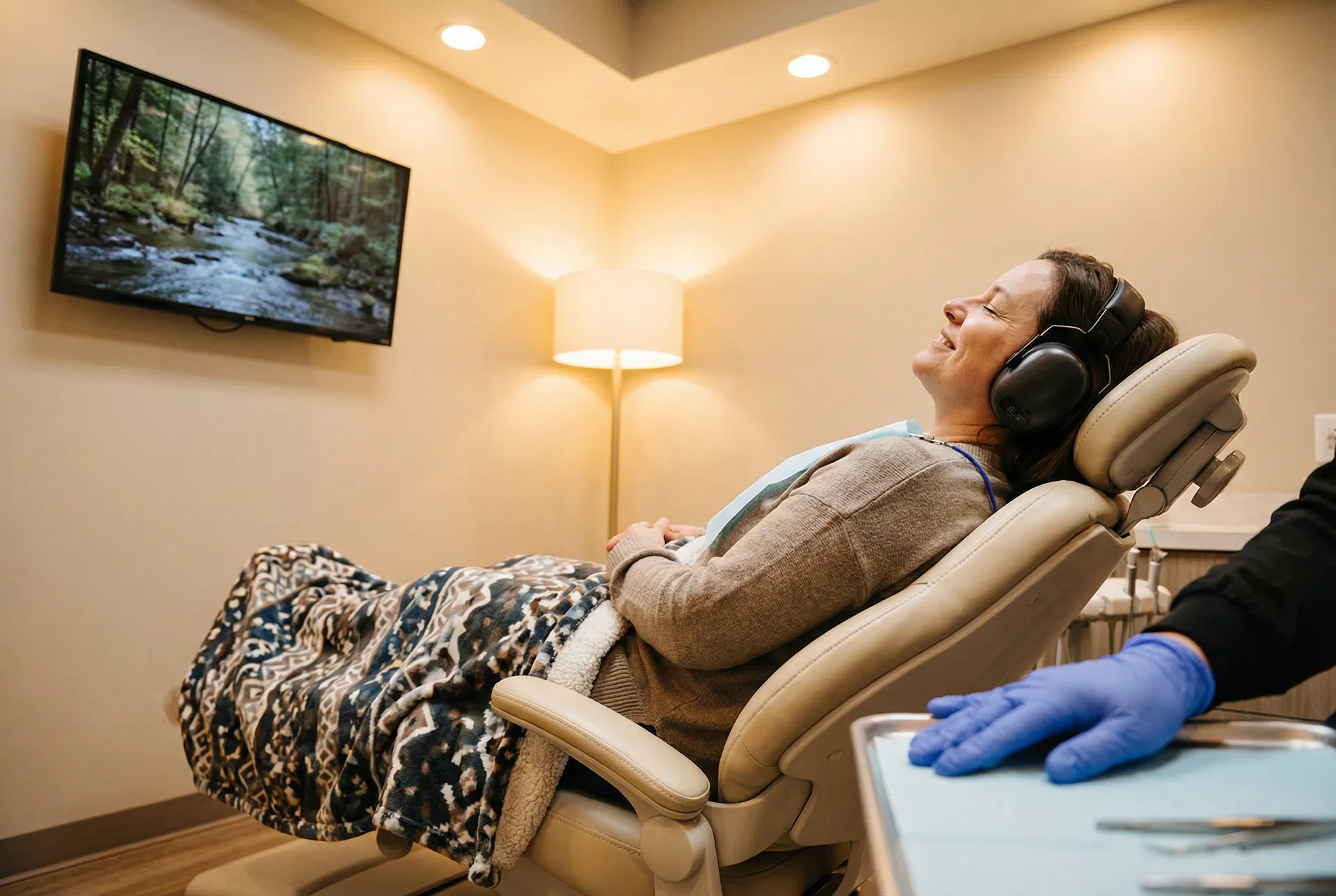 Relaxed patient wearing noise-cancelling headphones and blanket during oral sedation dentistry at Oakridge Park Dental Vancouver BC — dental anxiety treatment