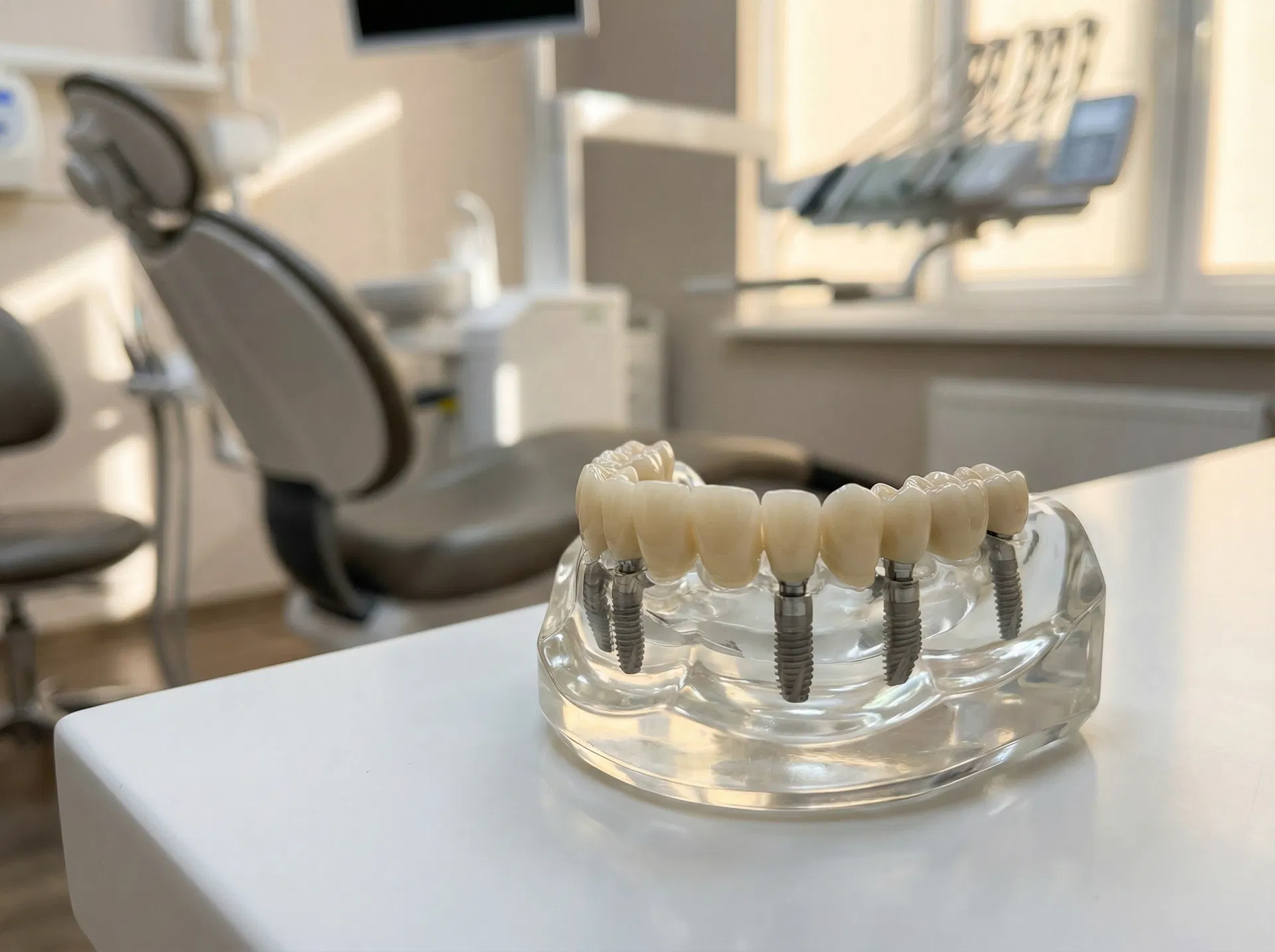 Implant-supported bridge model showing full arch restoration on four titanium implants — All-on-4 dental implants Vancouver BC