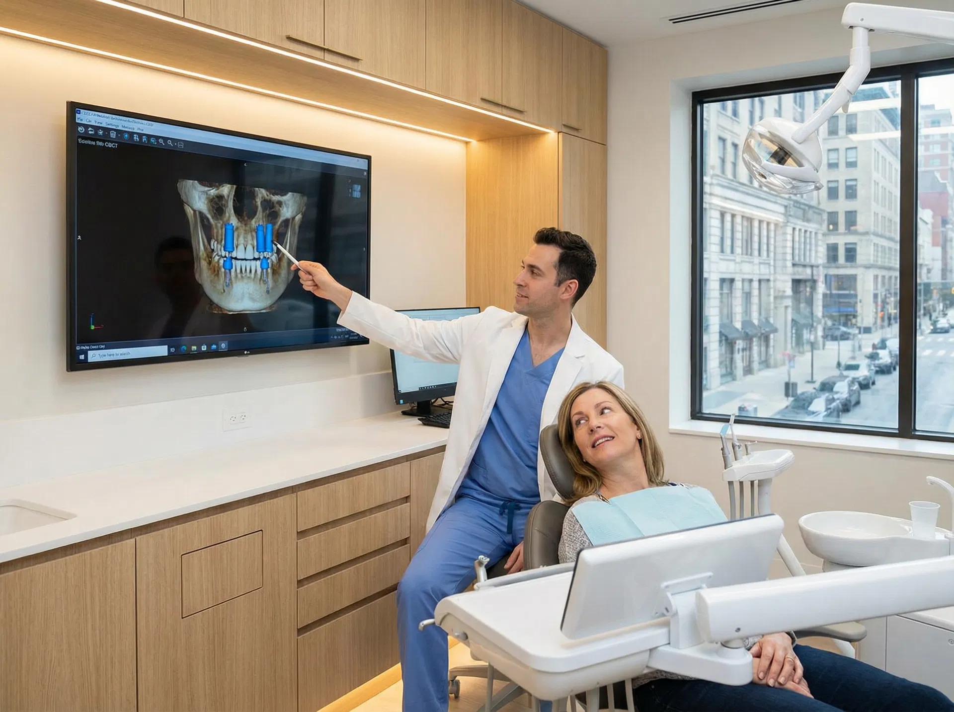 Dentist reviewing 3D CBCT scan for dental implant planning with patient at Oakridge Park Dental Vancouver BC — digital guided surgery