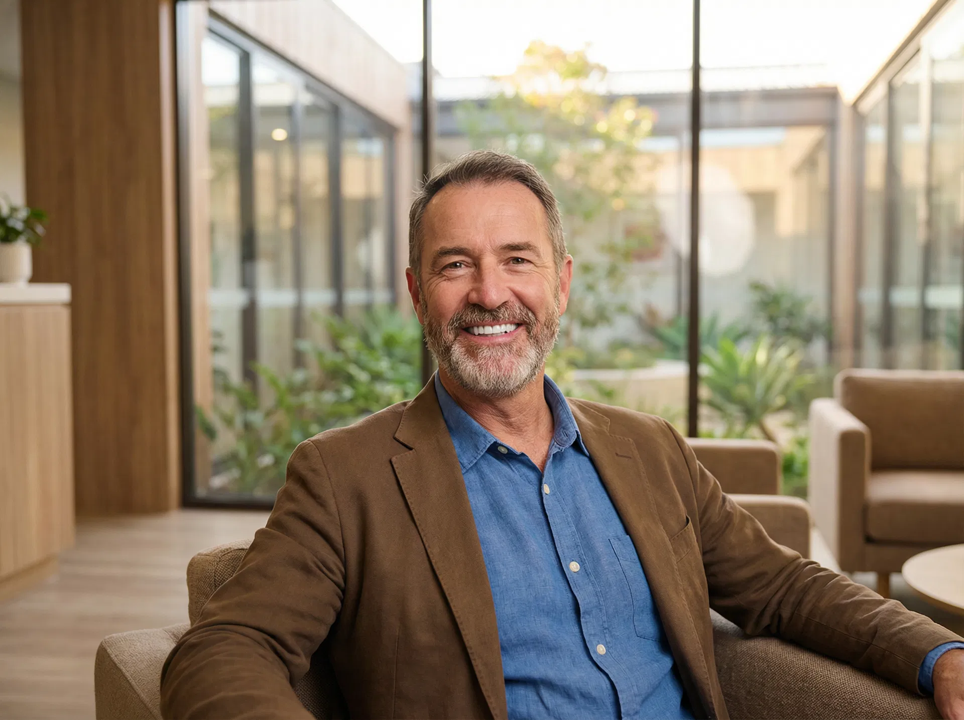 Middle-aged man smiling confidently after dental implant restoration at Oakridge Park Dental Vancouver BC — natural-looking results