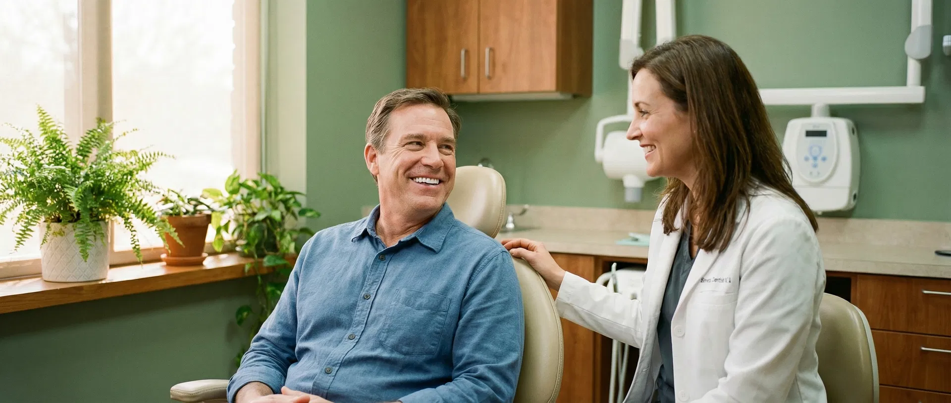 Patient smiling after dental implant placement at Oakridge Park Dental Vancouver BC — Straumann implant specialists