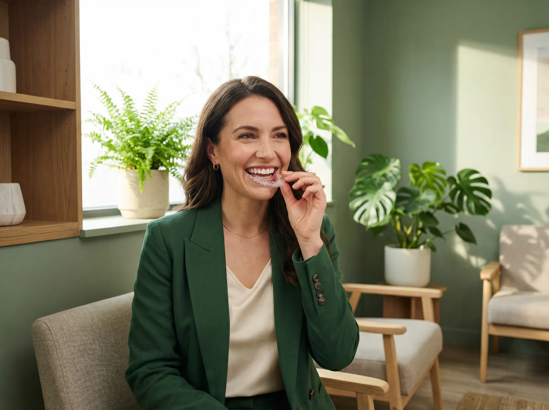 Invisalign for Adults — Oakridge Park Dental, Vancouver BC Adult woman holding Invisalign clear aligner at Oakridge Park Dental Vancouver BC — discreet orthodontic treatment