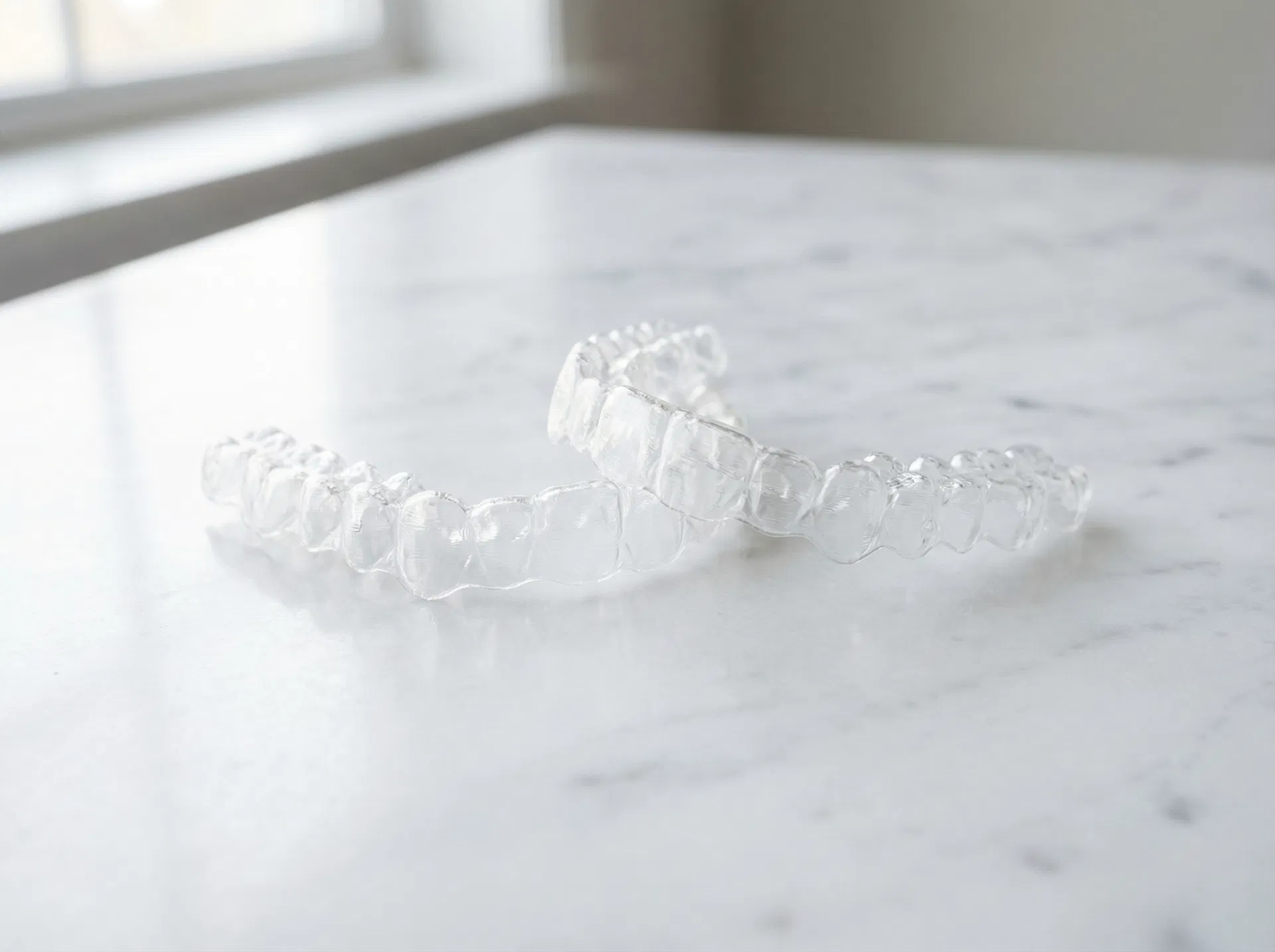 Invisalign Clear Aligner Trays — Oakridge Park Dental Close-up of Invisalign clear aligner trays — custom-made orthodontic aligners at Oakridge Park Dental Vancouver BC