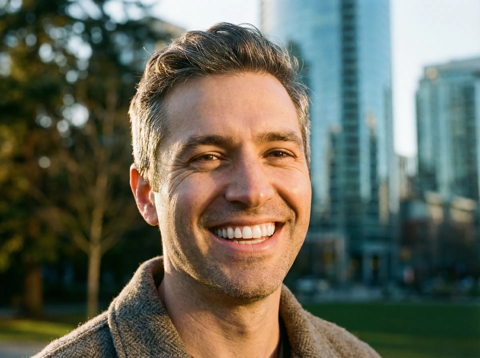 Invisalign Results — Straight Teeth at Oakridge Park Dental, Vancouver Confident man smiling after completing Invisalign treatment in Vancouver BC — straight teeth results at Oakridge Park Dental