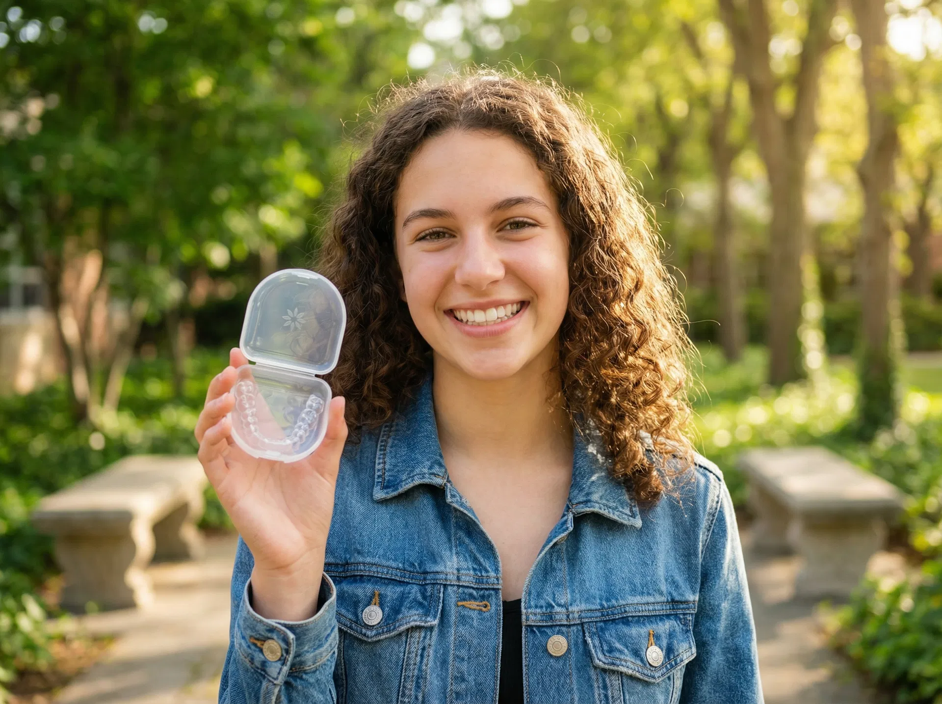 Invisalign for Teens — Oakridge Park Dental, Vancouver BC Teenager smiling with Invisalign aligner case — Invisalign Teen provider Oakridge Park Dental Vancouver BC