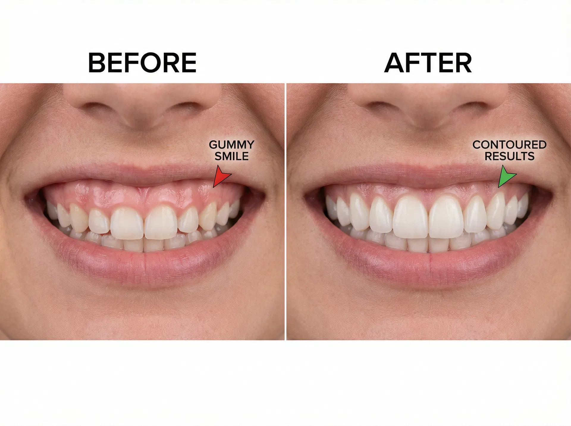 Laser gum contouring and reshaping for gummy smile correction at Oakridge Park Dental Vancouver BC — cosmetic gum surgery