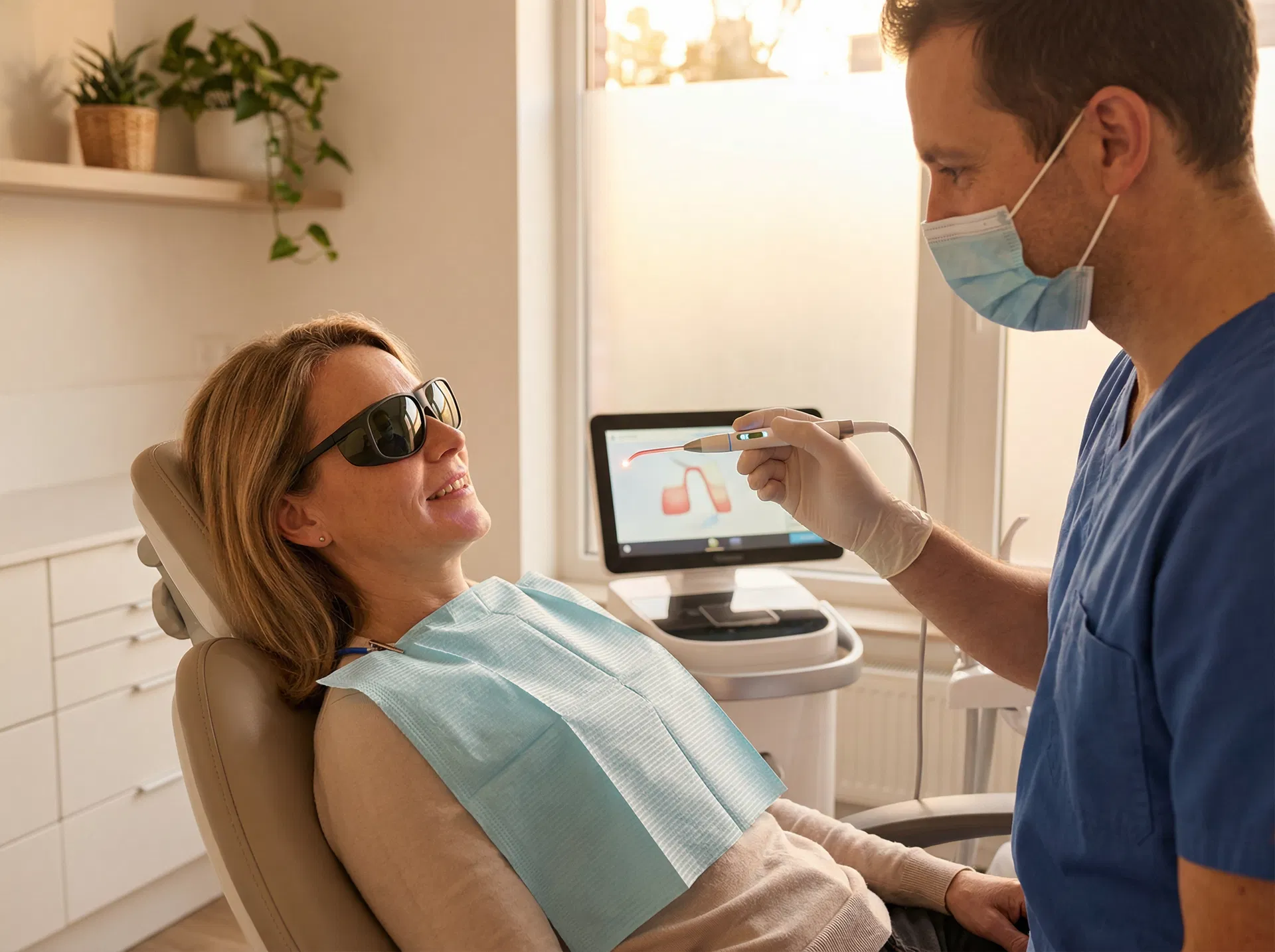 Patient comfortable during painless laser dental treatment at Oakridge Park Dental Vancouver BC — no-drill dentistry