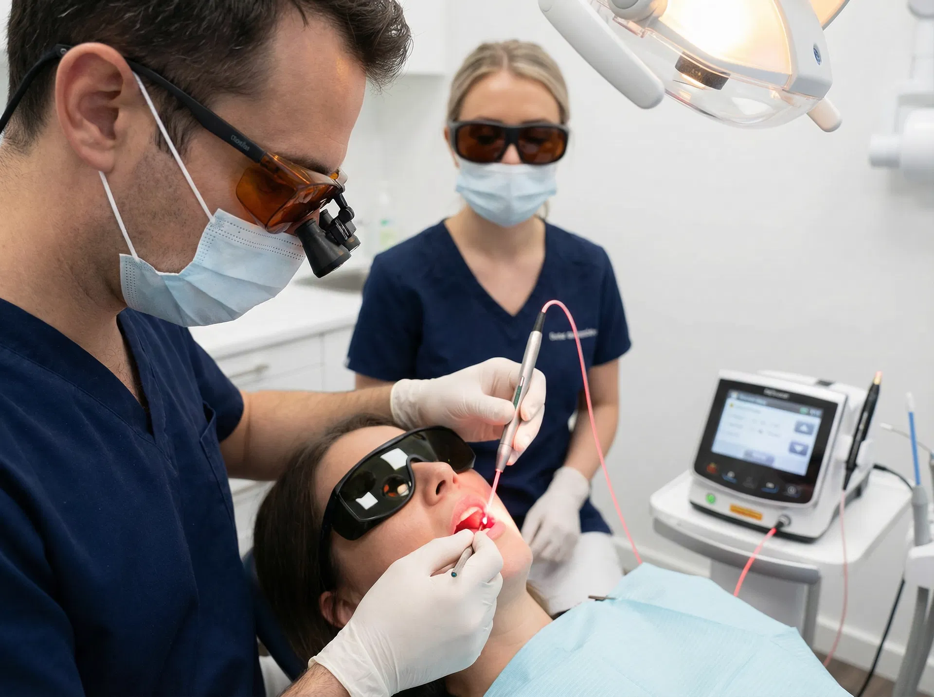 Dentist performing soft tissue laser procedure for gum treatment at Oakridge Park Dental Vancouver BC — minimally invasive laser dentistry