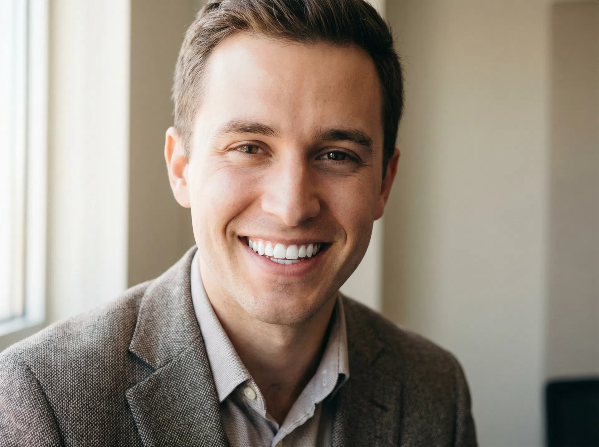 Woman smiling with bright white teeth after professional whitening treatment at Oakridge Park Dental Vancouver BC