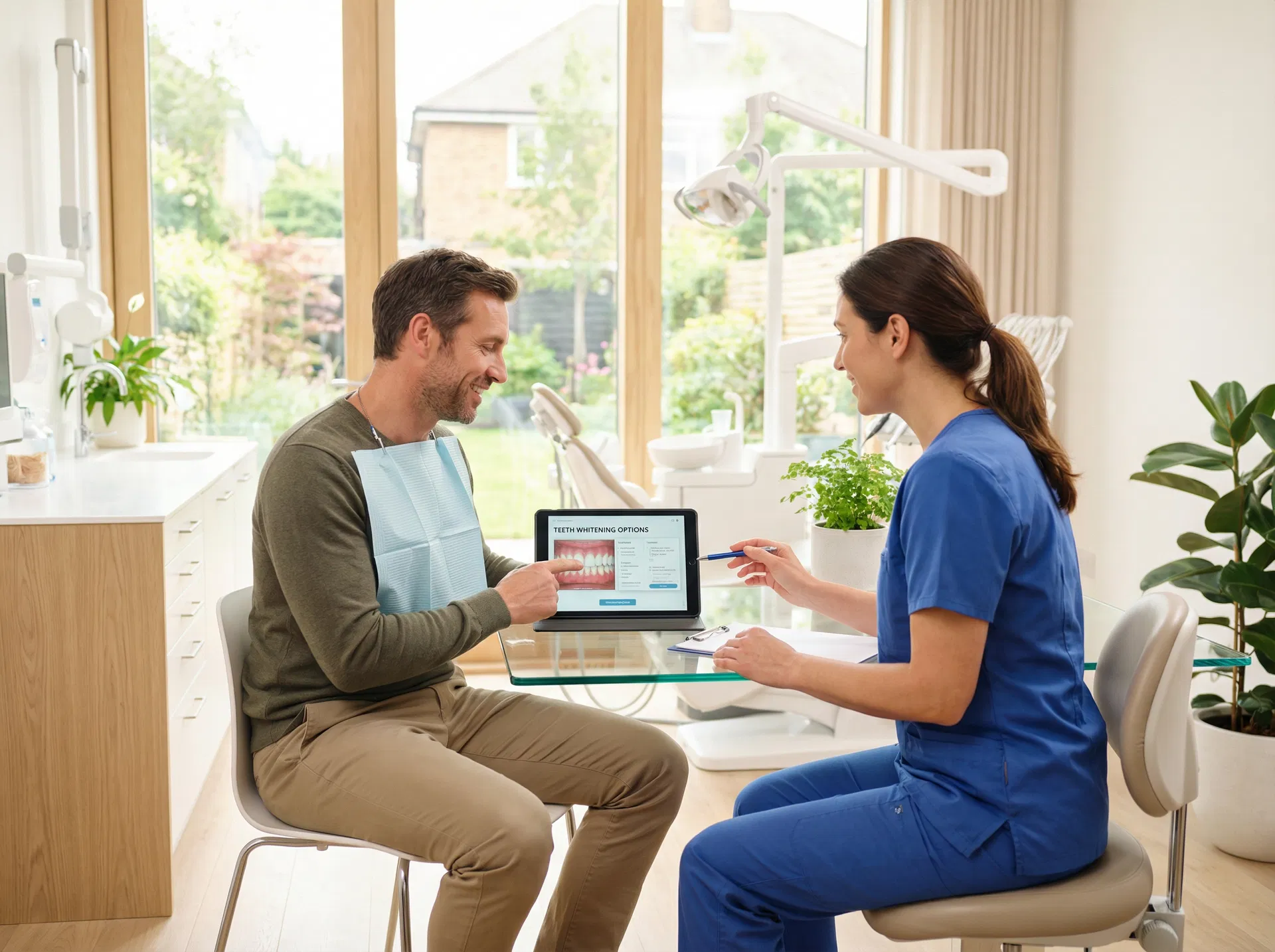 Dentist consulting with patient about teeth whitening options at Oakridge Park Dental Vancouver BC — personalized whitening plan