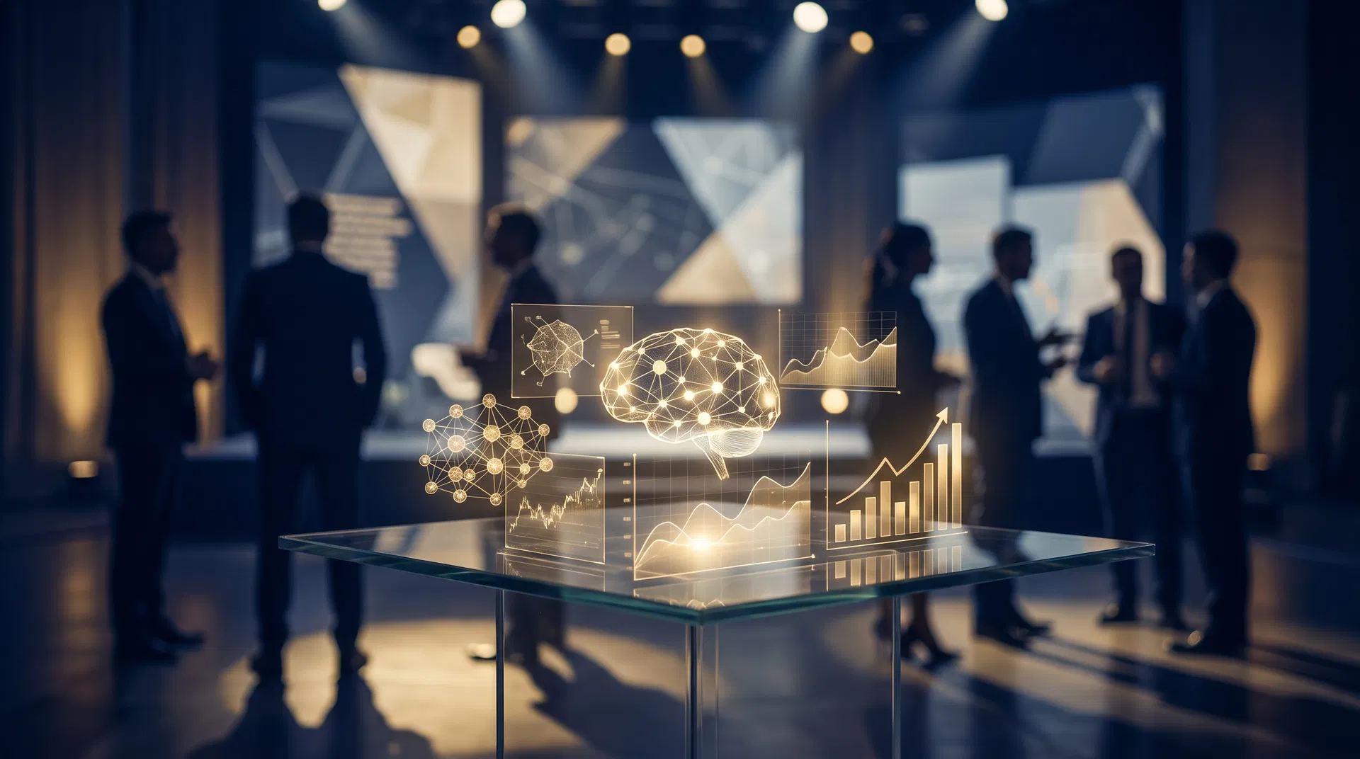 Business leaders silhouetted in a modern conference setting with holographic AI neural network and growth chart visualizations in navy and gold lighting